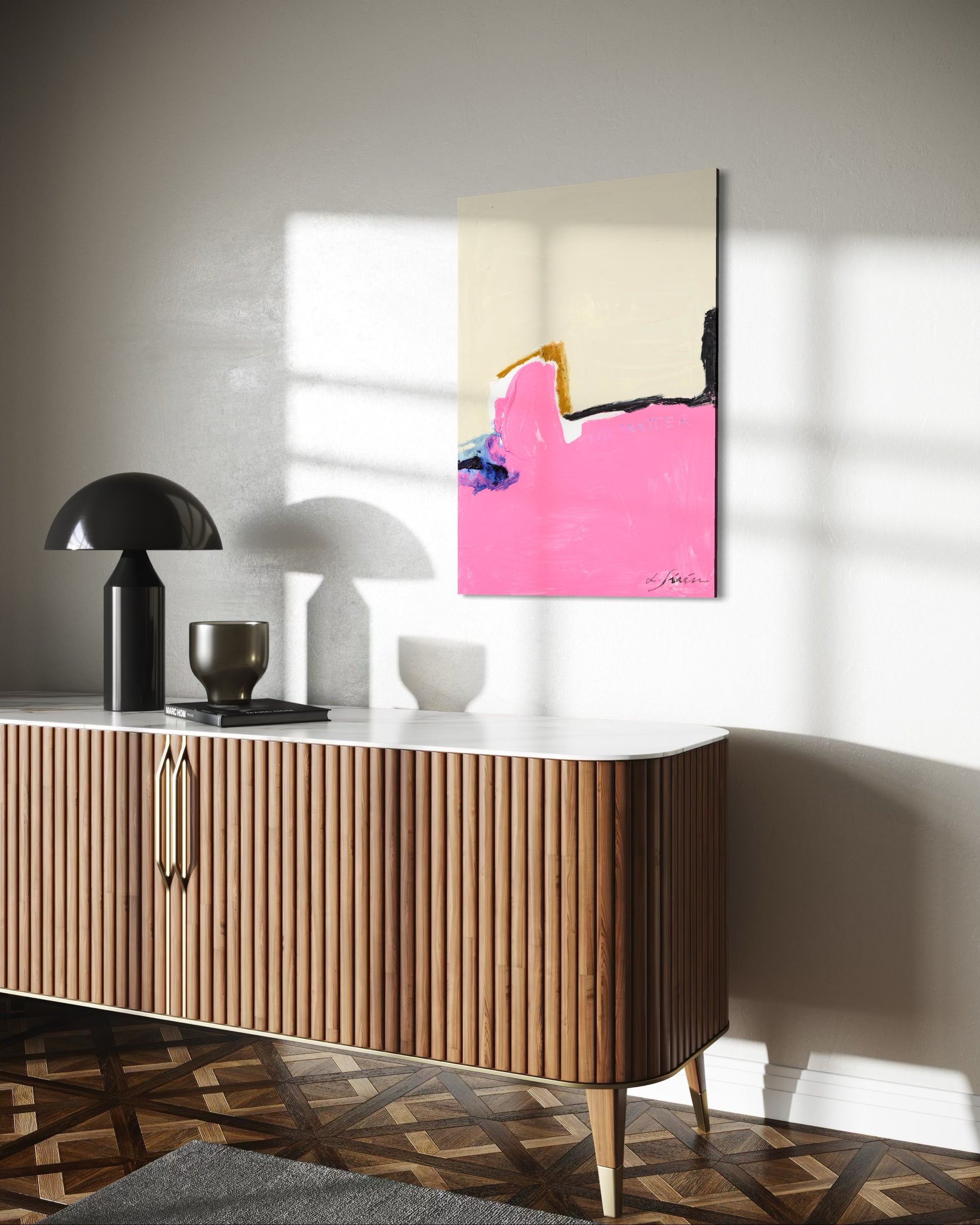 Modern interior with a wooden sideboard, abstract painting by Lotta Sirén, and decorative items.