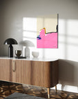 Modern interior with a wooden sideboard, abstract painting by Lotta Sirén, and decorative items.