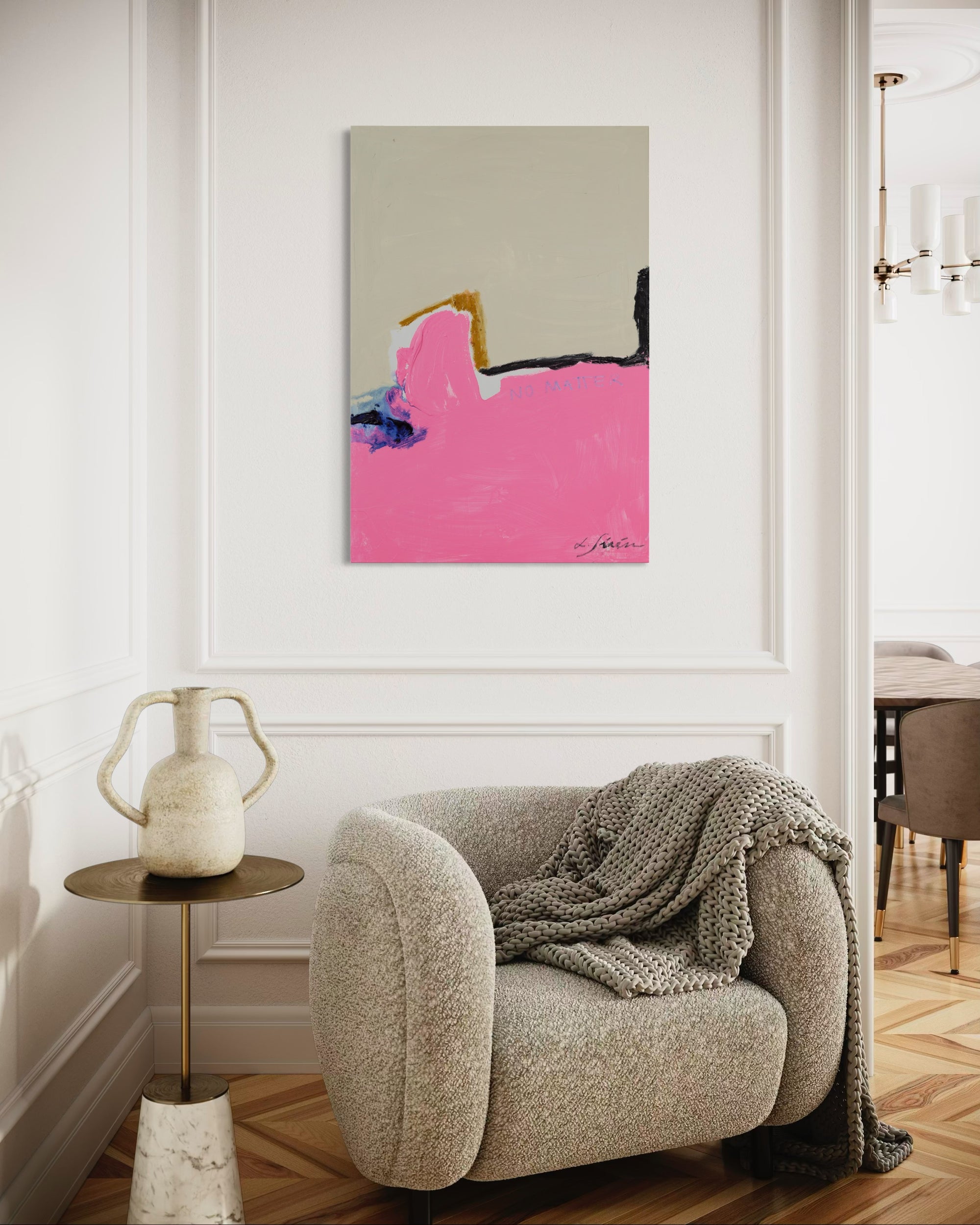 Modern interior with a textured armchair, side table, and abstract painting by Lotta Sirén on the wall.