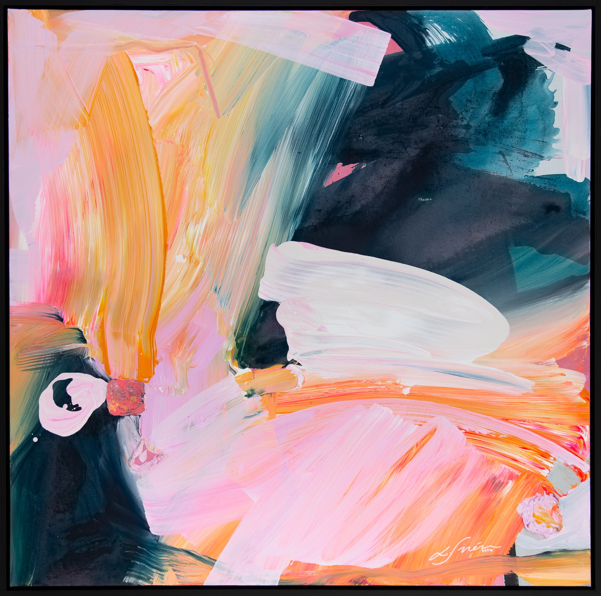 Abstract painting with vibrant colors and dynamic brush strokes by Finnish artist Lotta Sirén