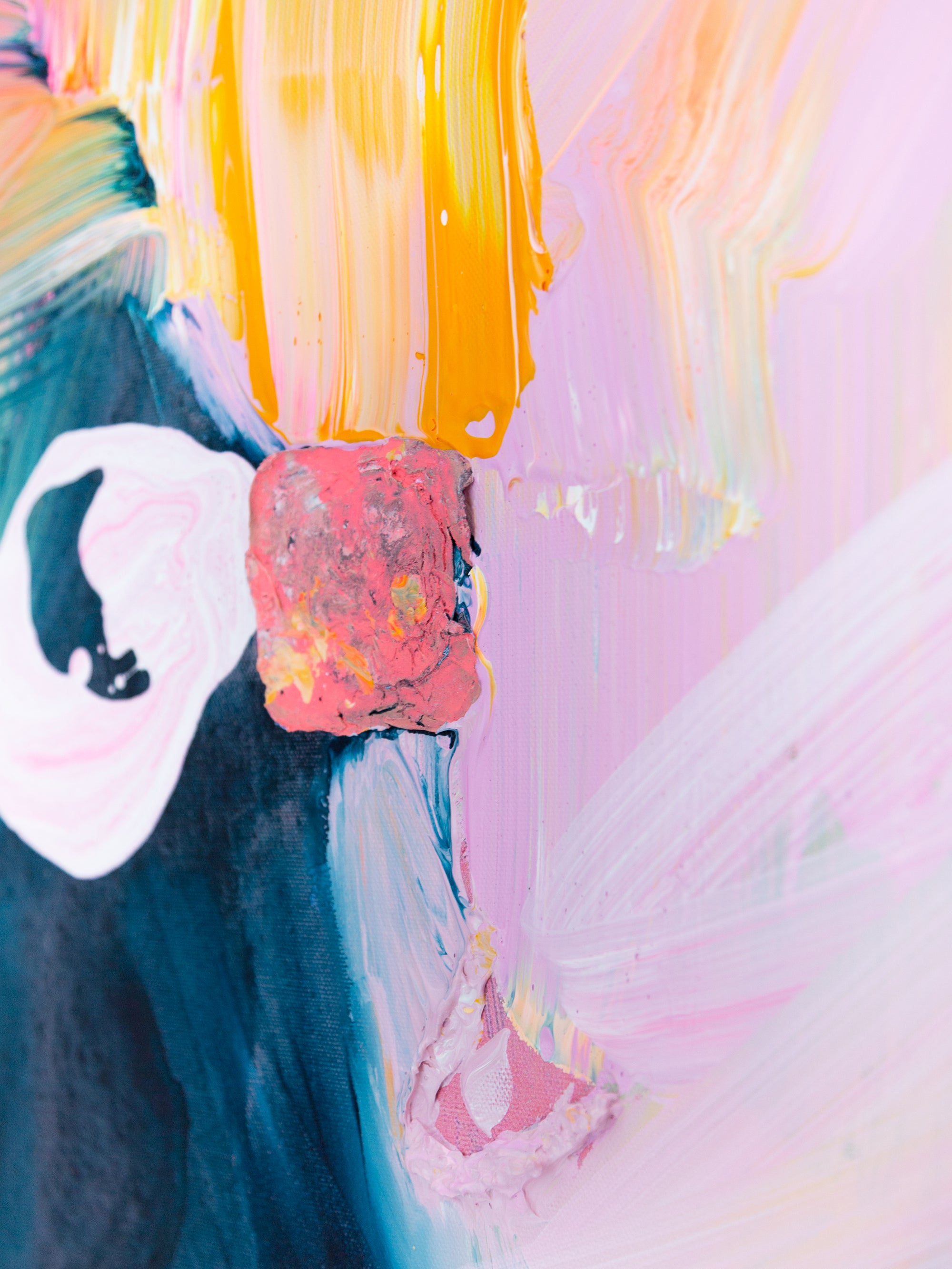 Abstract art close-up with colorful brush strokes on a textured surface by Finnish artist Lotta Sirén