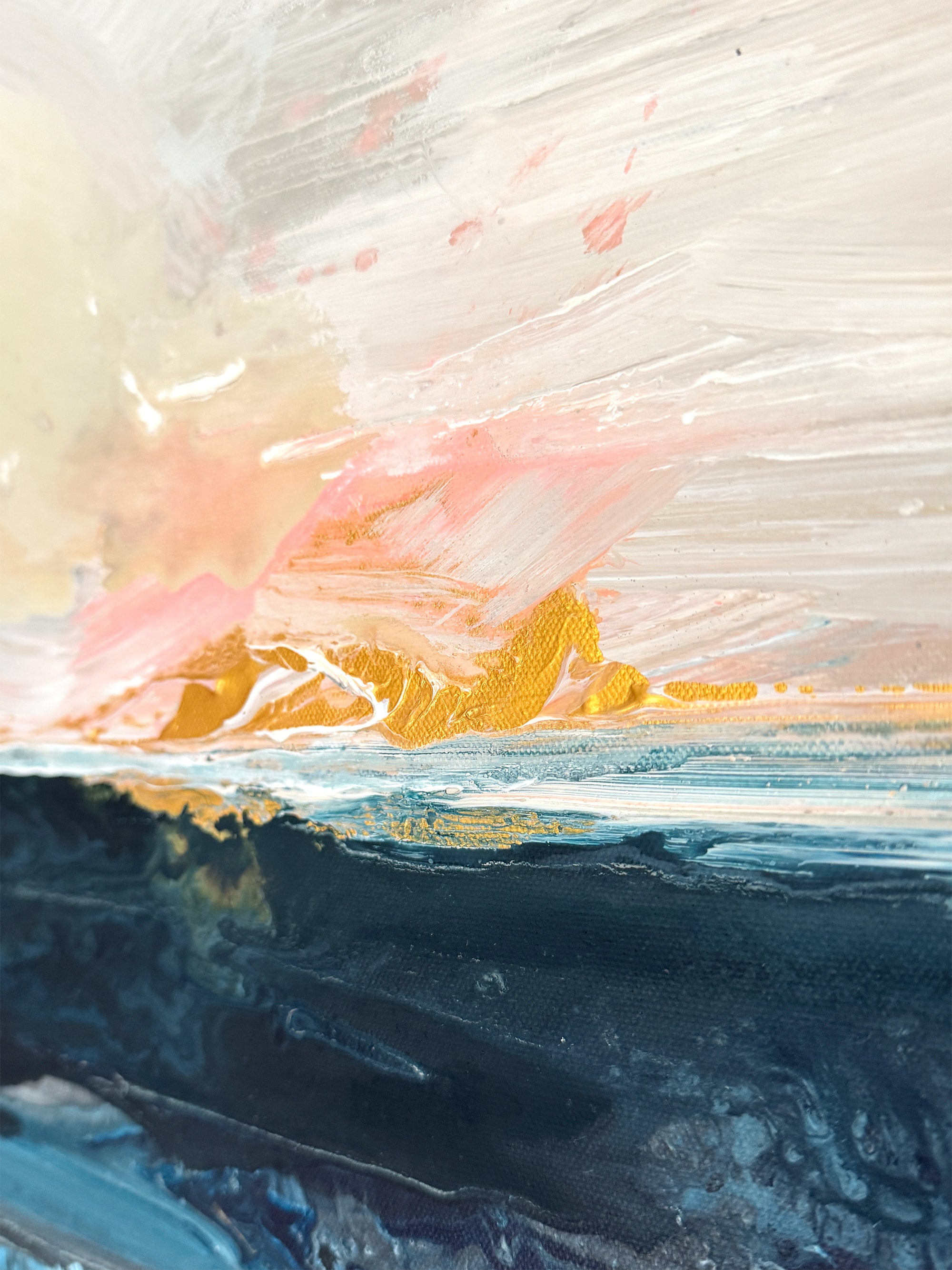 Abstract art with pink, yellow, and blue colors on a textured surface by Finnish abstract artist Lotta Sirén