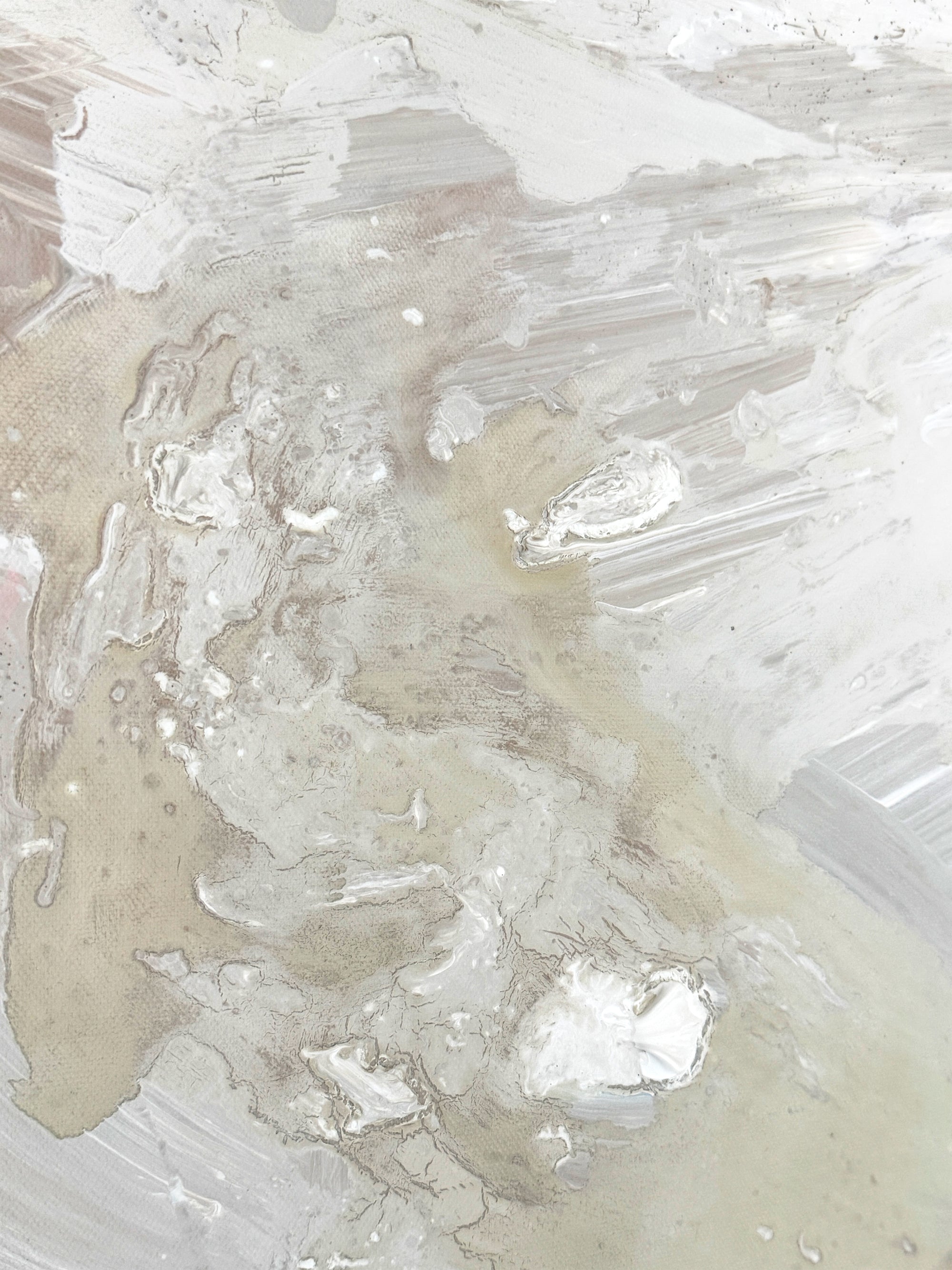 Close-up of a textured beige and white surface of an abstract painting by Finnish abstract artist Lotta Sirén