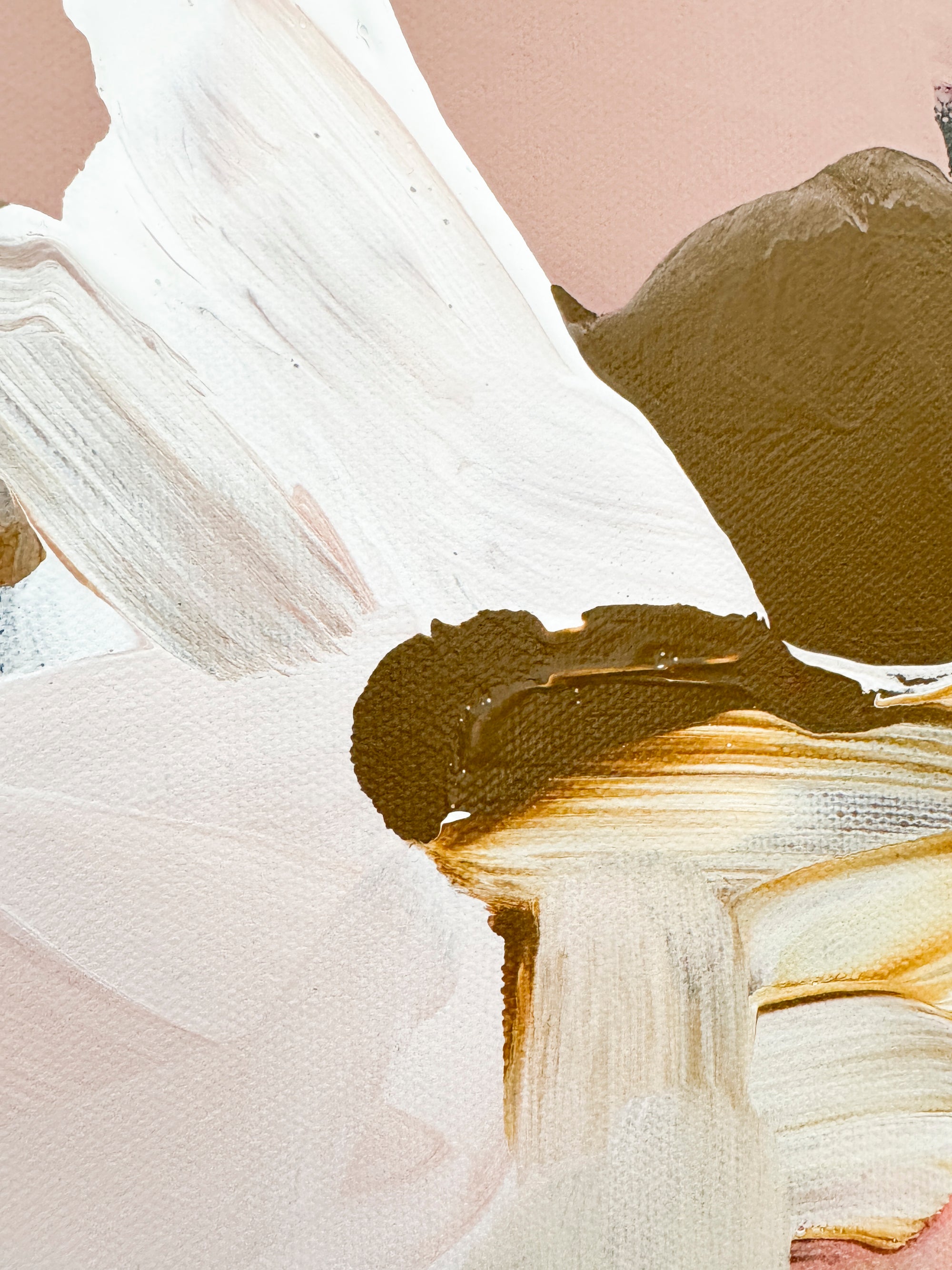 Abstract art with white, brown, and gold brush strokes on a textured background