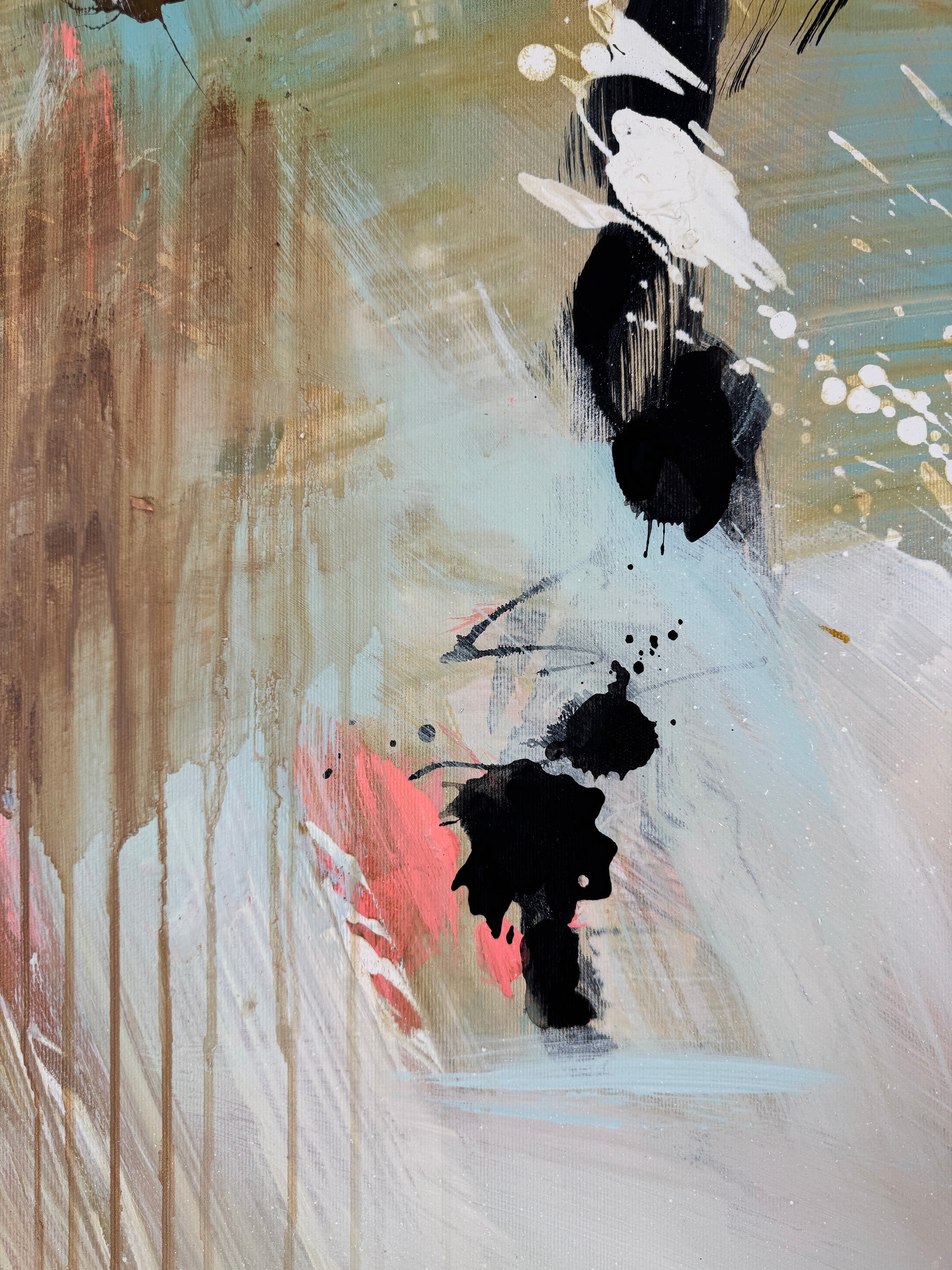 Abstract art with black, white, and pink brush strokes 