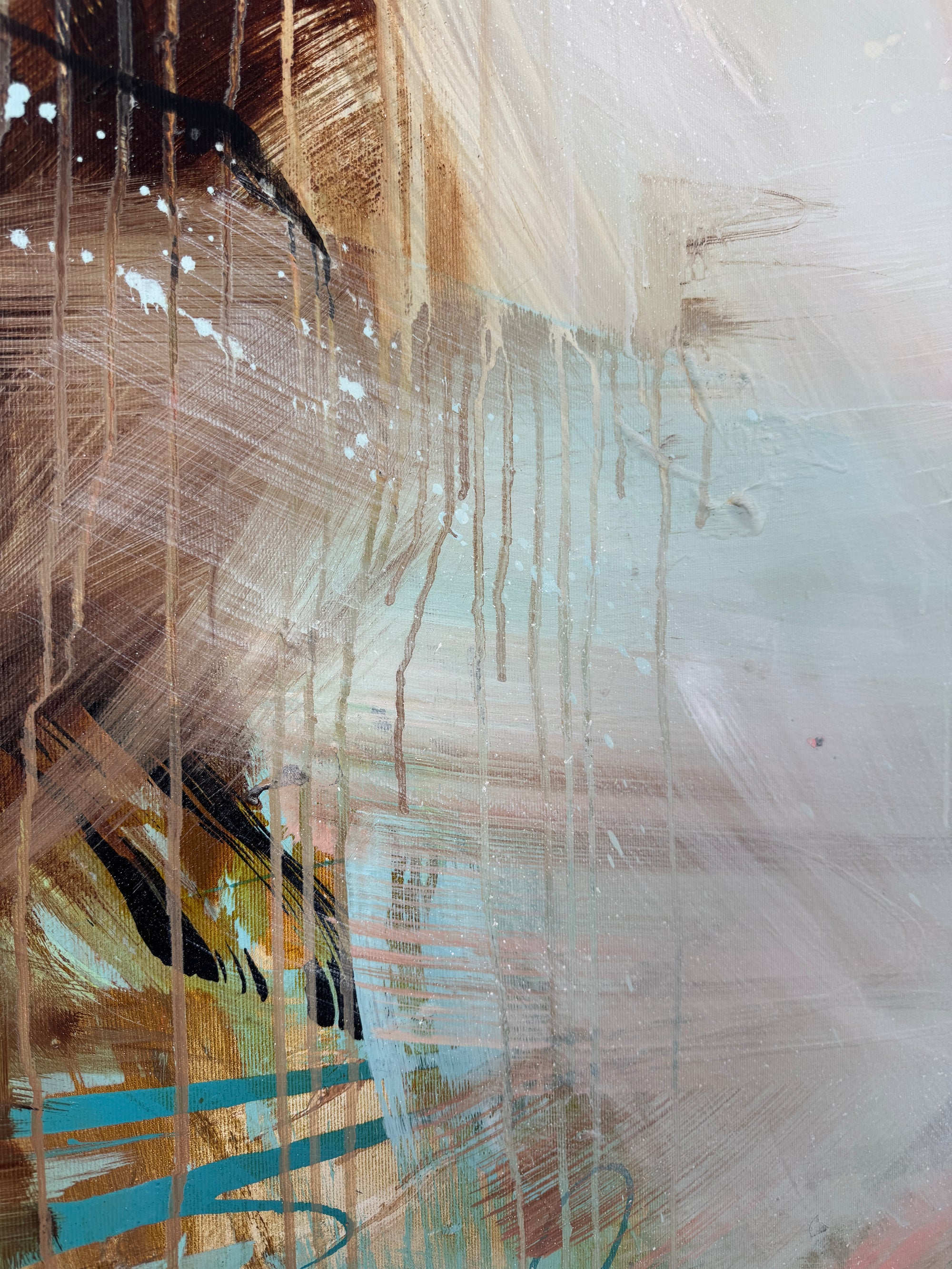 Abstract art with brush strokes in brown, blue, and beige on a light background by artist Lotta Sirén