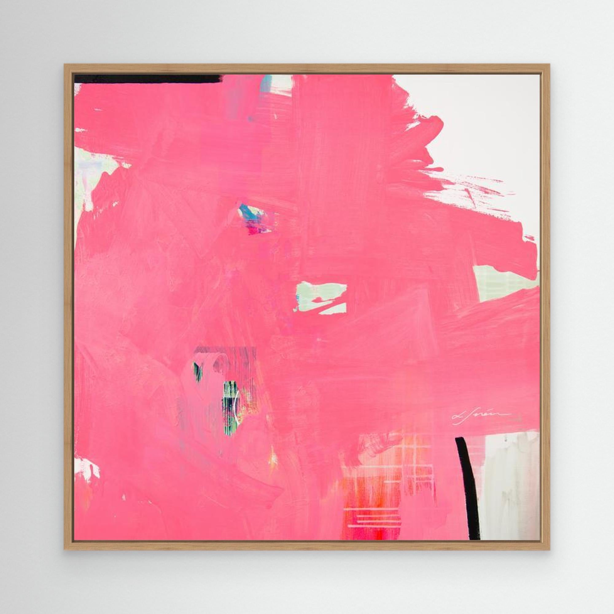  I Don't Like Pink - Limited Edition Canvas Print with oak frames.. An Abstract canvas print with bright pink bold strokes and hues of orange, blue and green. Off-white background with black details.