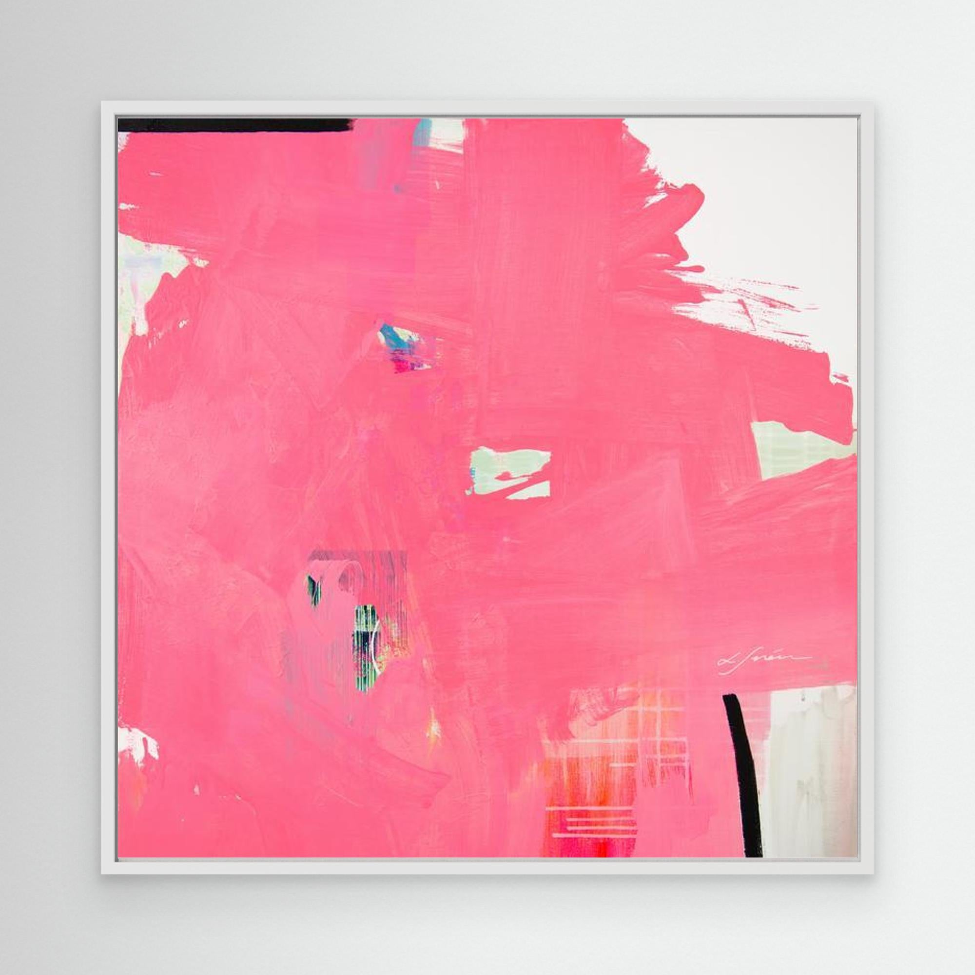  I Don't Like Pink - Limited Edition Canvas Print with white frames. An Abstract canvas print with bright pink bold strokes and hues of orange, blue and green. Off-white background with black details. . 