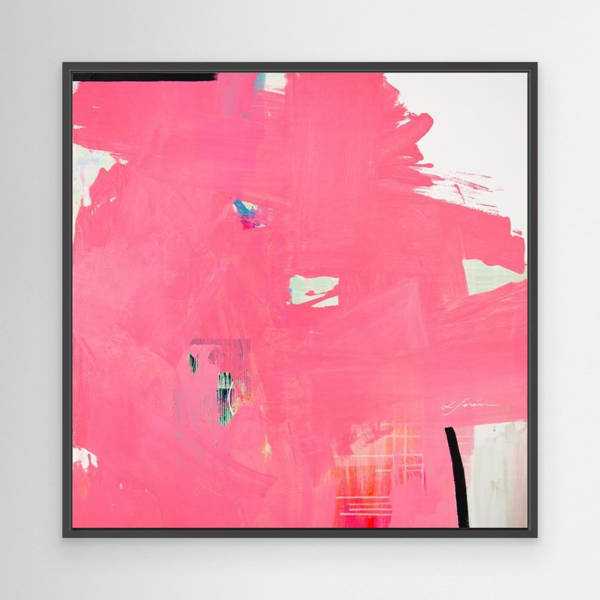  I Don't Like Pink - Limited Edition Canvas Print Print with black frames. An Abstract canvas print with bright pink bold strokes and hues of orange, blue and green. Off-white background with black details. 