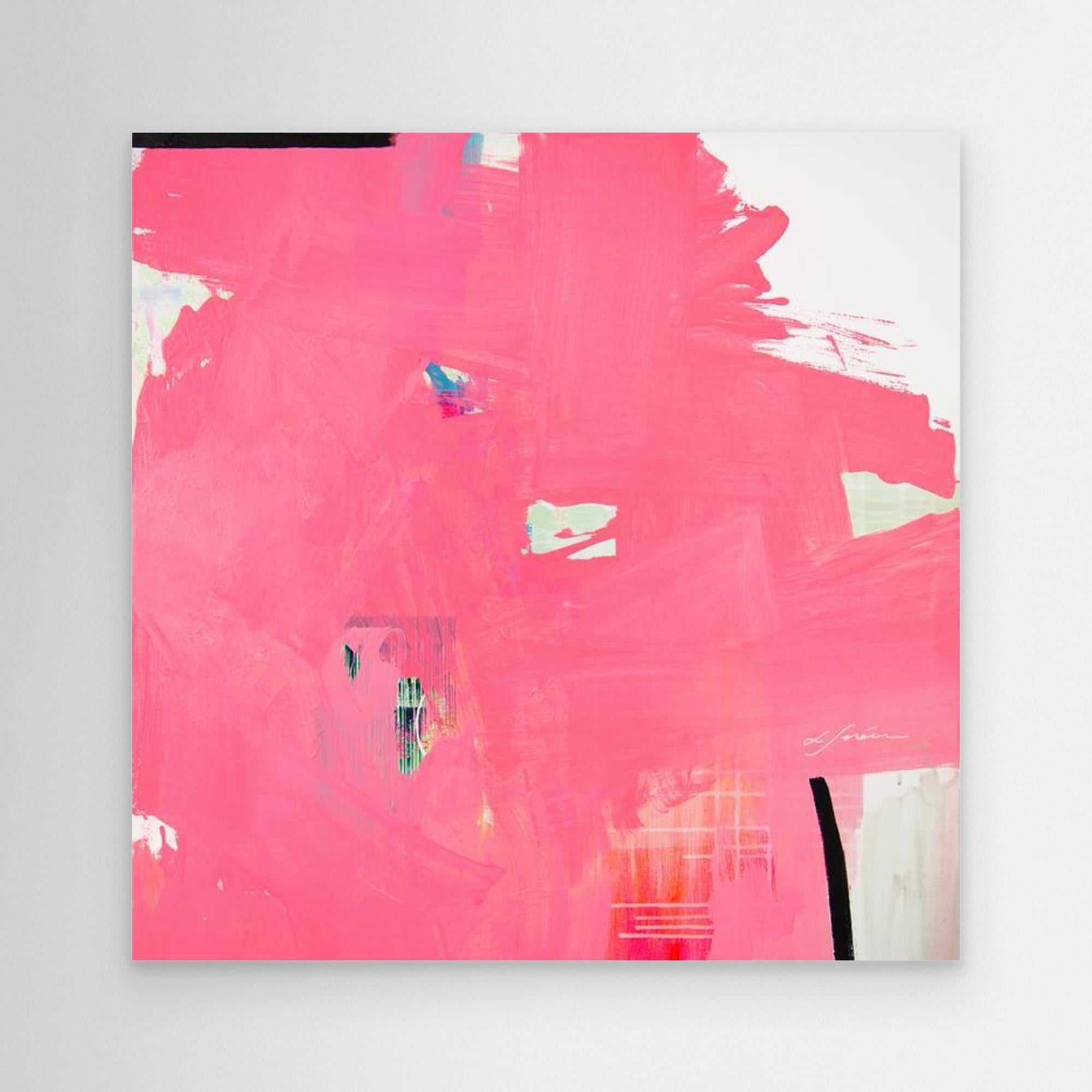  I Don't Like Pink - Limited Edition Canvas Print with bright pink bold strokes and hues of orange, blue and green. Off-white background with black details. 