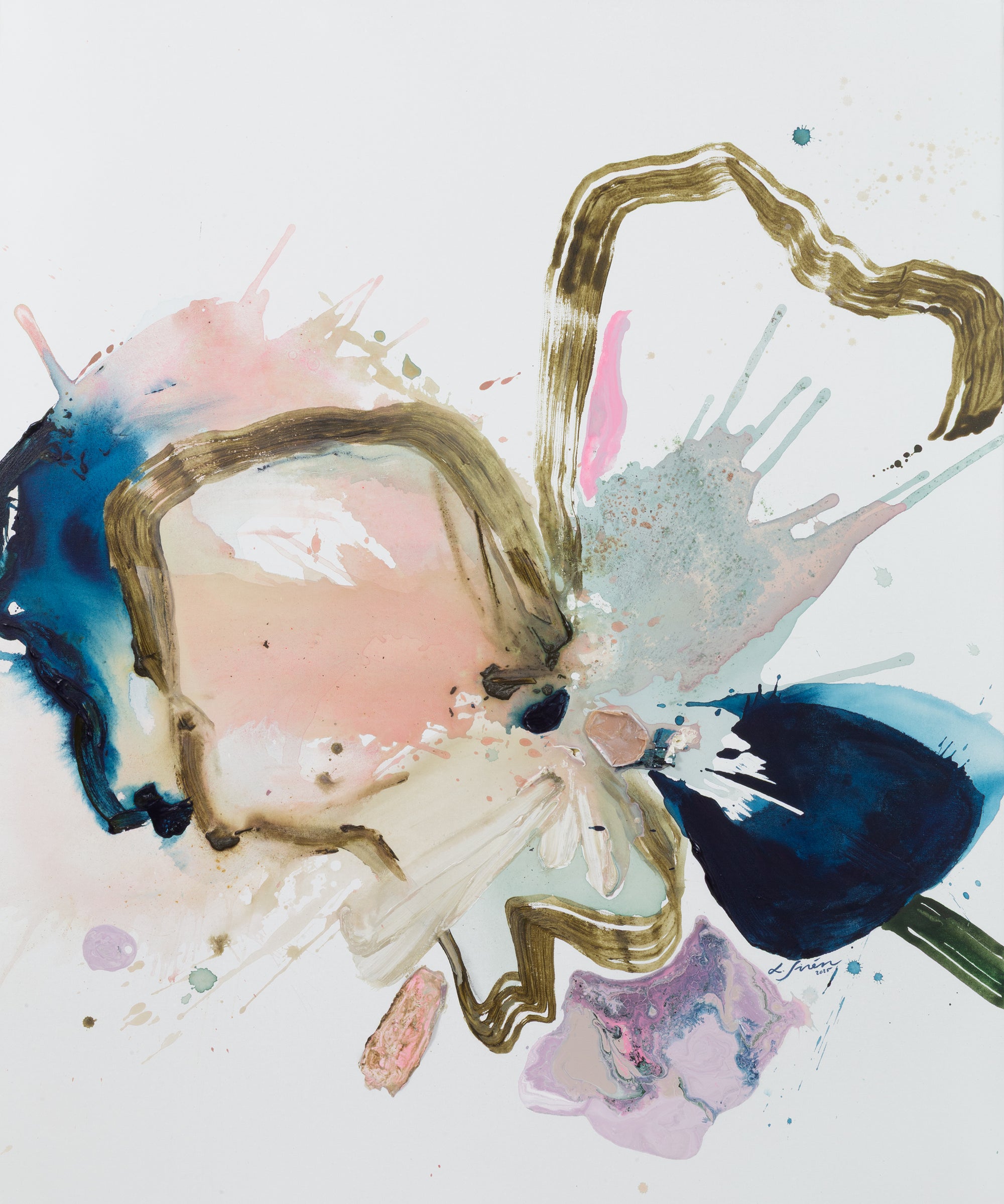 Abstract art piece by Lotta Sirén of a flower with splashes of blue, pink, and brown on a white background.