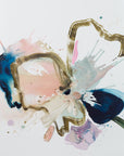 Abstract art piece by Lotta Sirén of a flower with splashes of blue, pink, and brown on a white background.