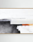 Ice and Fire - Limited Edition Canvas Print with oak frames. White tones, black and gray hues and a pop of orange. Minimal and structured abstract canvas print. 