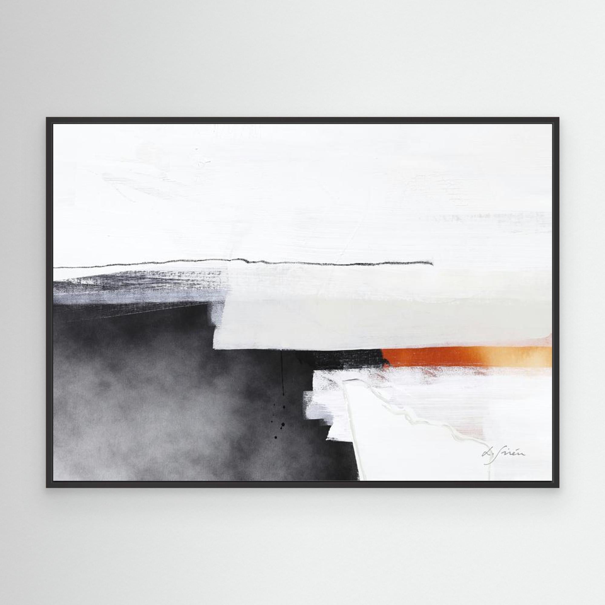 Ice and Fire - Limited Edition Canvas Print with black frames. White tones, black and gray hues and a pop of orange. Minimal and structured abstract canvas print. 