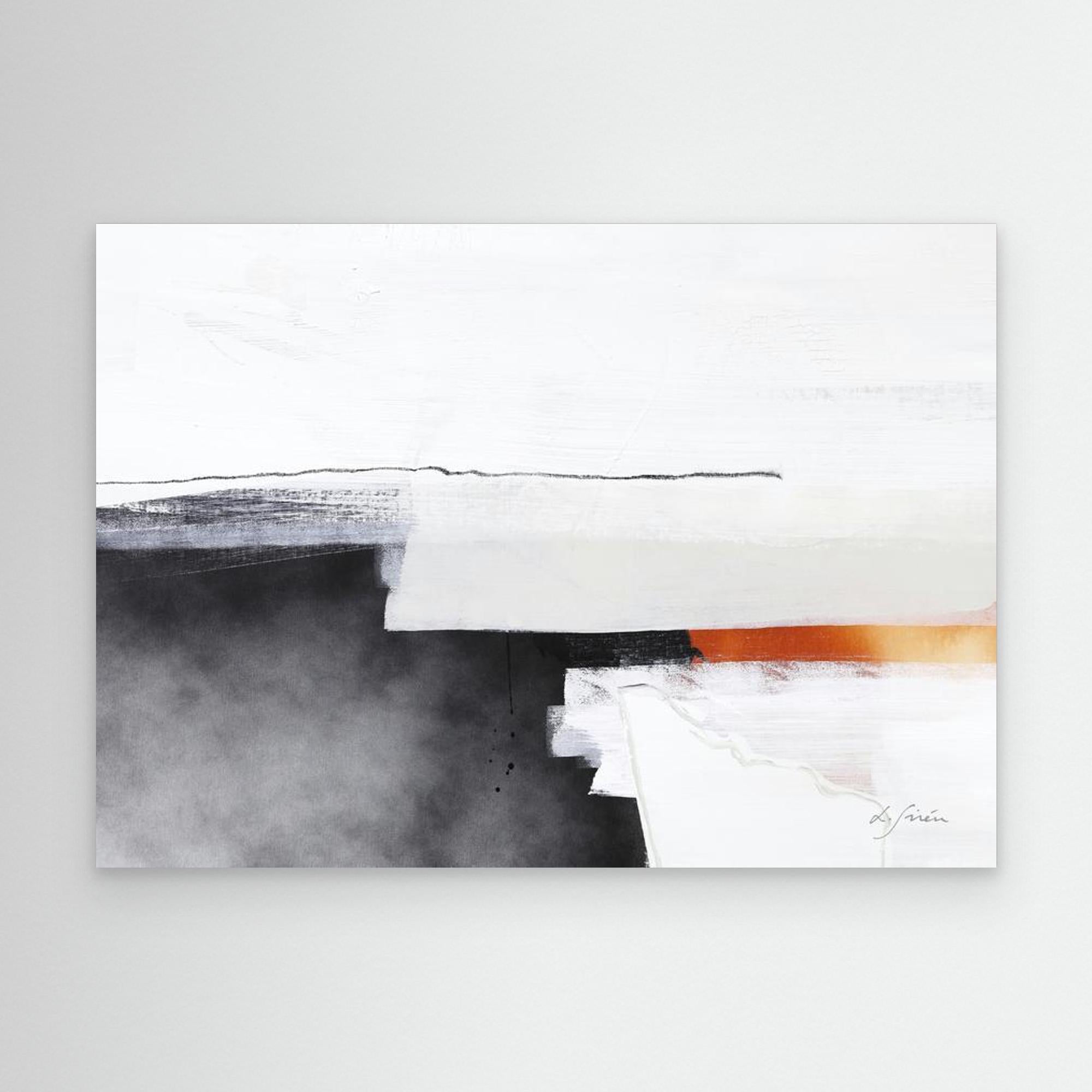 Ice and Fire - Limited Edition Canvas Print with white tones, black and gray hues and a pop of orange. Minimal and structured abstract canvas print. 