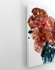 A semi-abstract acrylic painting from a side on a white surface 