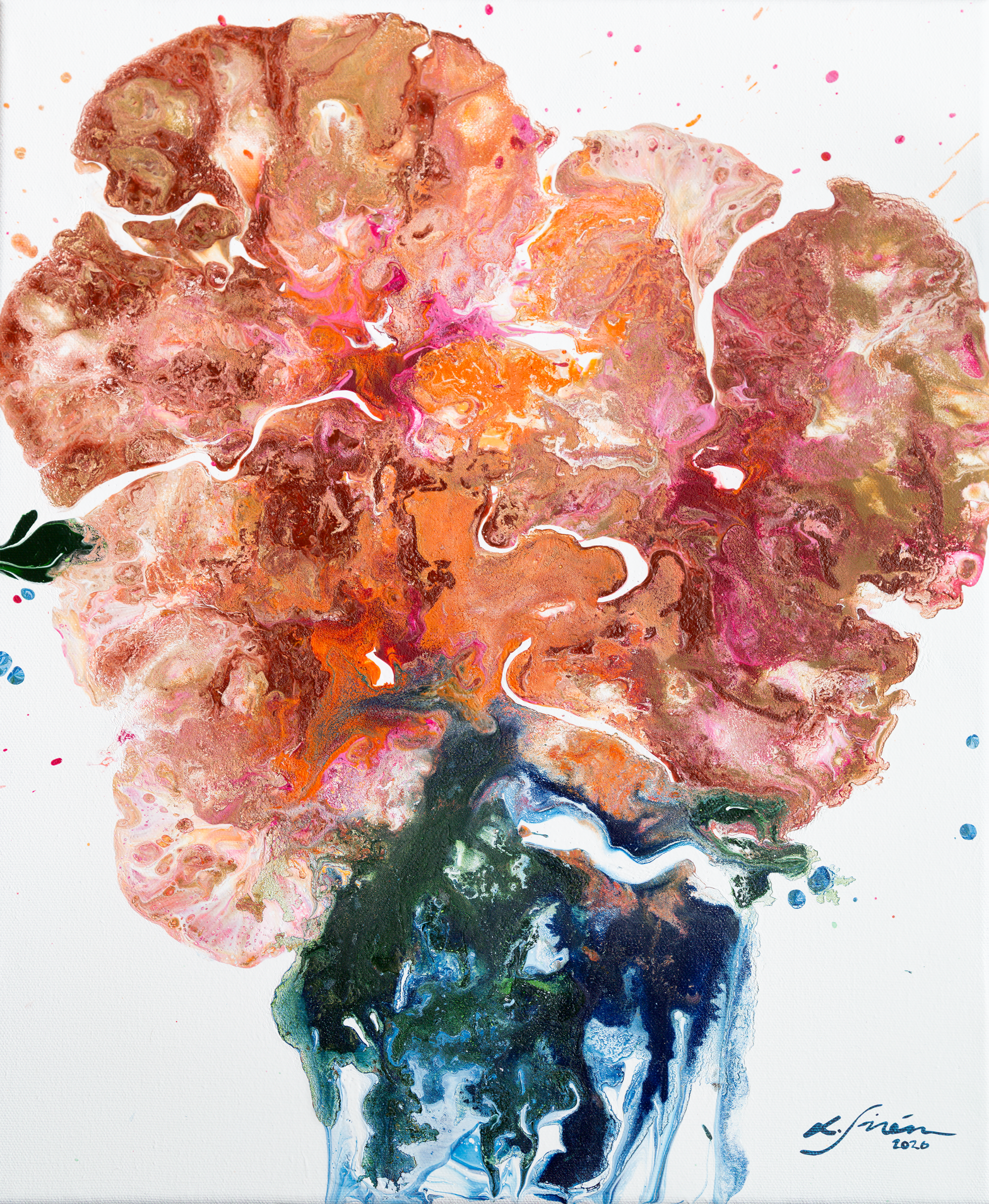 A semi-abstract  acrylic artwork with  flowers and a vase with vibrant colors on a white background by Finnish artist Lotta Sirén