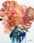 A semi-abstract  acrylic artwork with  flowers and a vase with vibrant colors on a white background by Finnish artist Lotta Sirén
