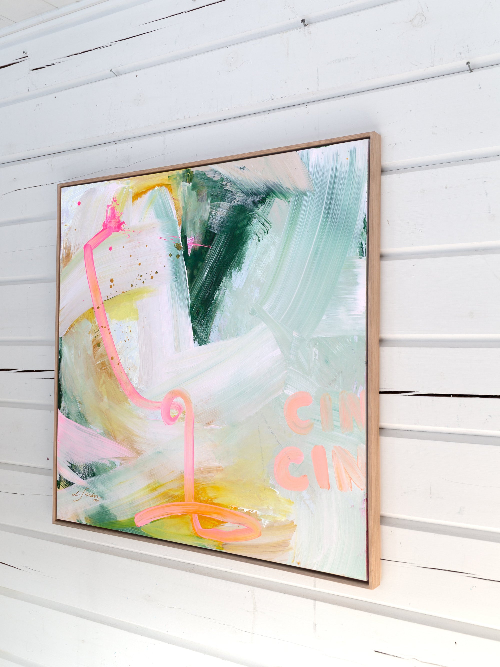 Abstract painting from side profile with a pink neon light on a white wooden wall by Finnish abstract artist Lotta Sirén