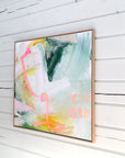 Abstract painting from side profile with a pink neon light on a white wooden wall by Finnish abstract artist Lotta Sirén
