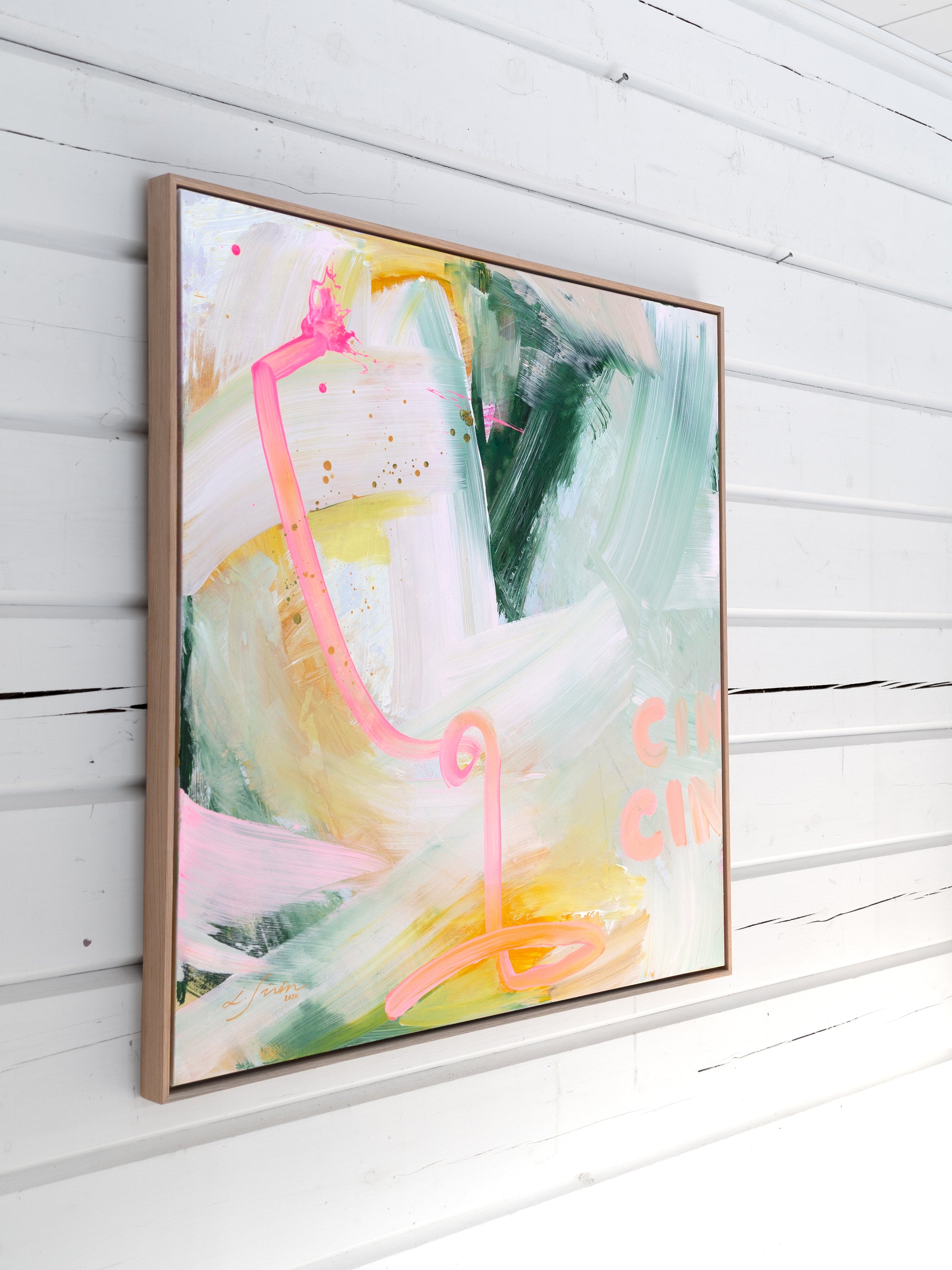 Abstract painting from side profile with a pink neon light on a white wooden wall by Finnish abstract artist Lotta Sirén