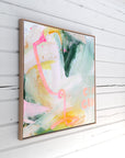 Abstract painting from side profile with a pink neon light on a white wooden wall by Finnish abstract artist Lotta Sirén