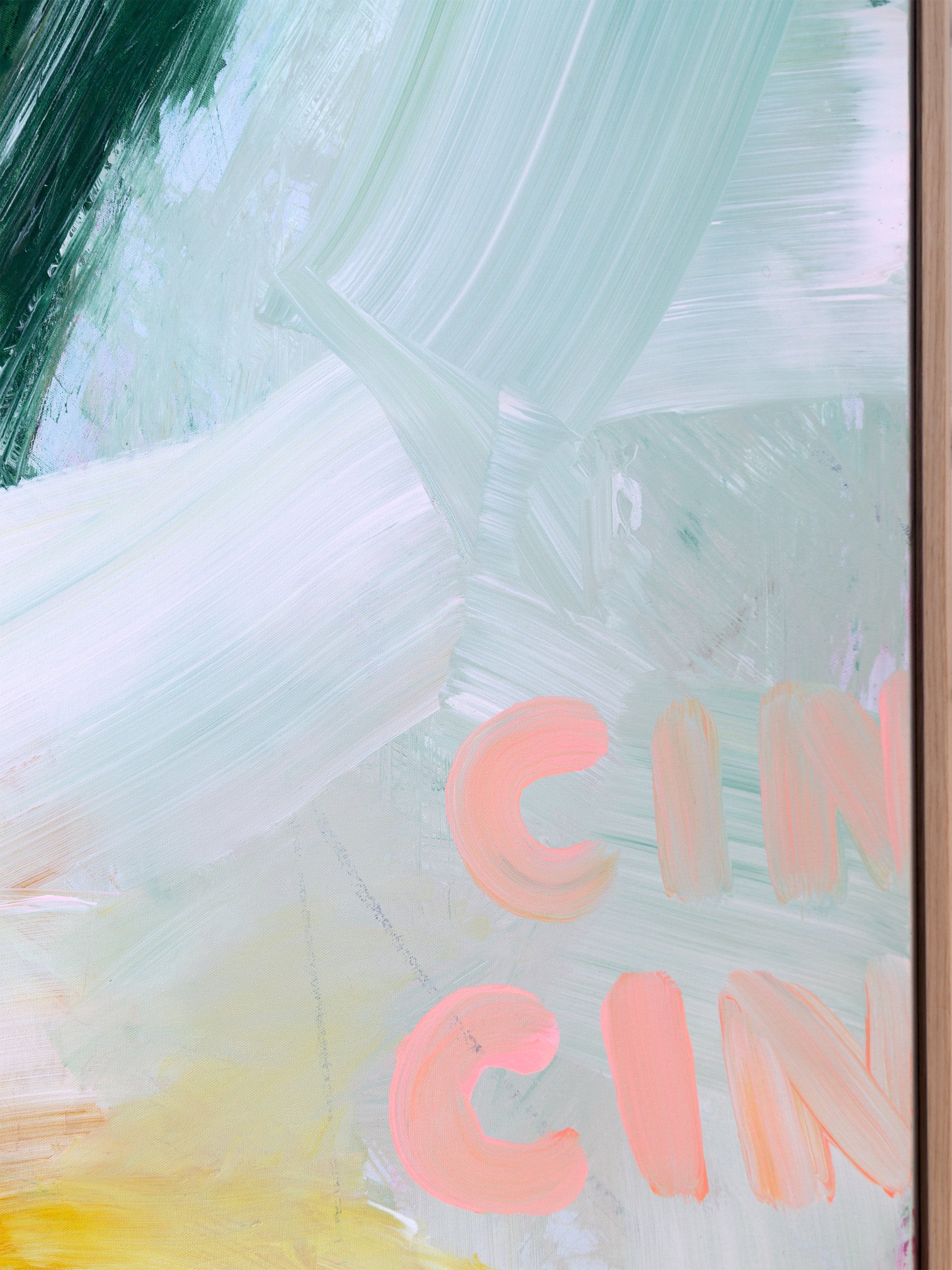 Abstract painting with close-up details of a peachy CIN CIN lettering and brush strokes by Finnish abstract artist Lotta Sirén