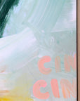 Abstract painting with close-up details of a peachy CIN CIN lettering and brush strokes by Finnish abstract artist Lotta Sirén
