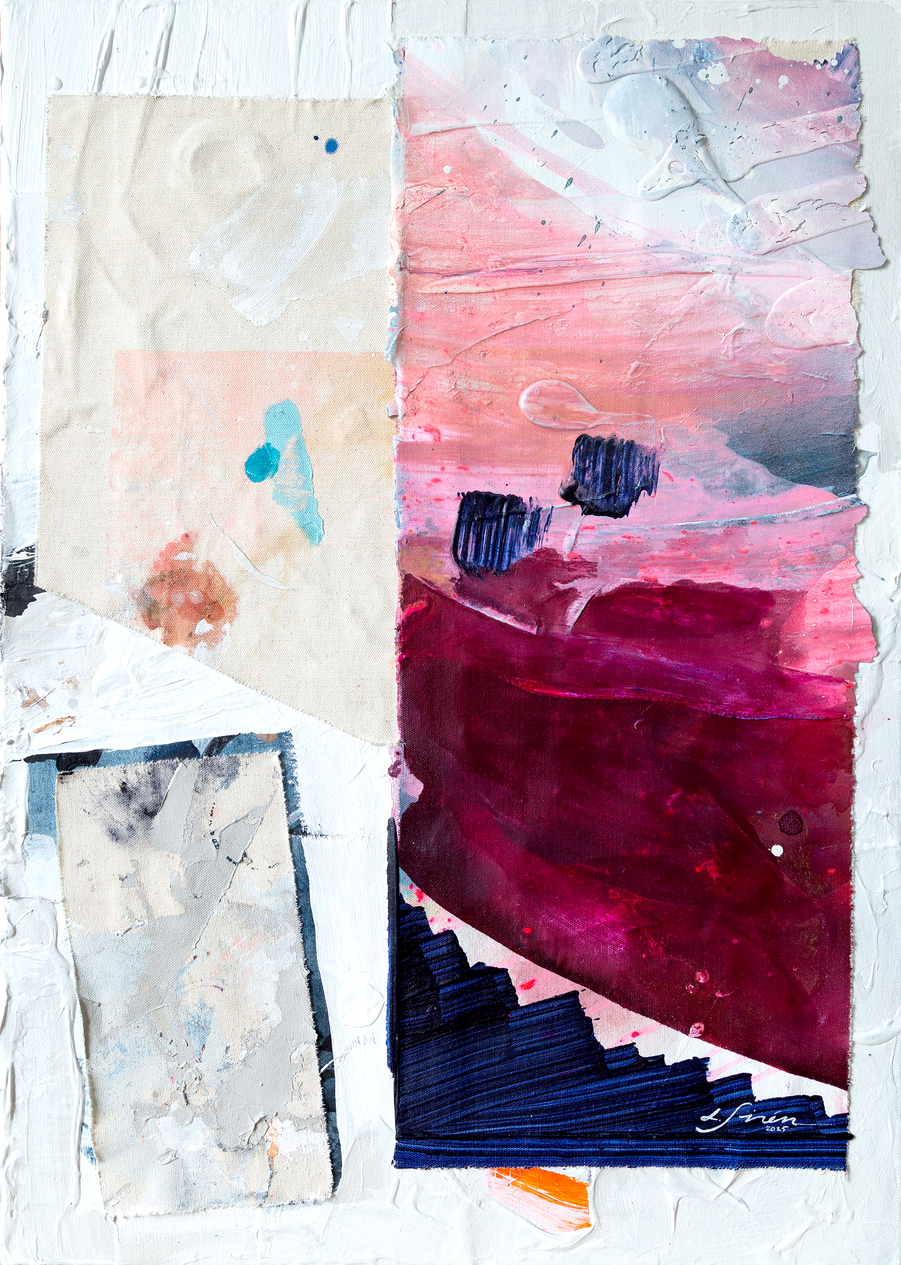 Collage of abstract art pieces with watercolor textures and pink and blue colors.