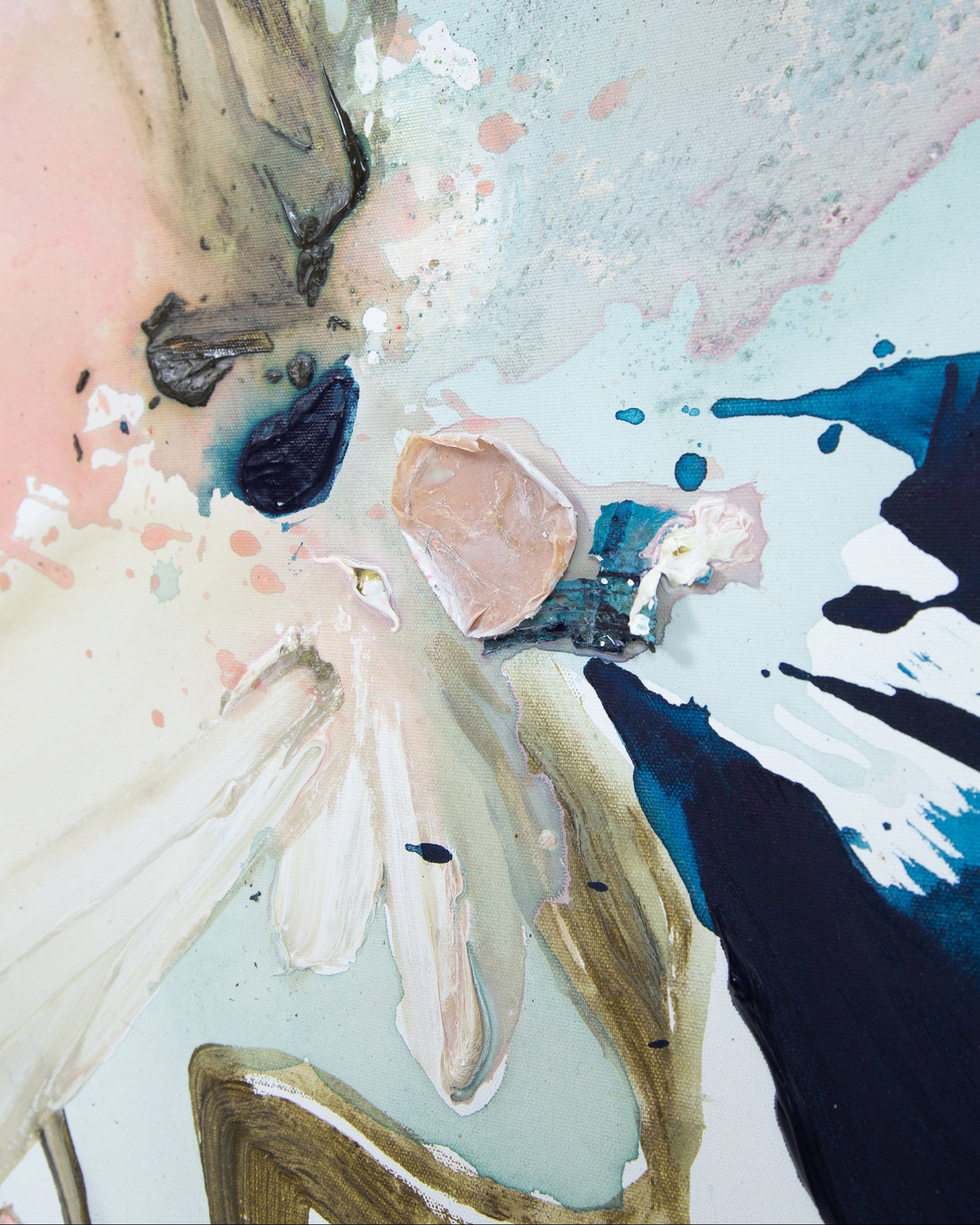 Abstract art by Lotta Sirén with splashes of pink and blue on a textured background.