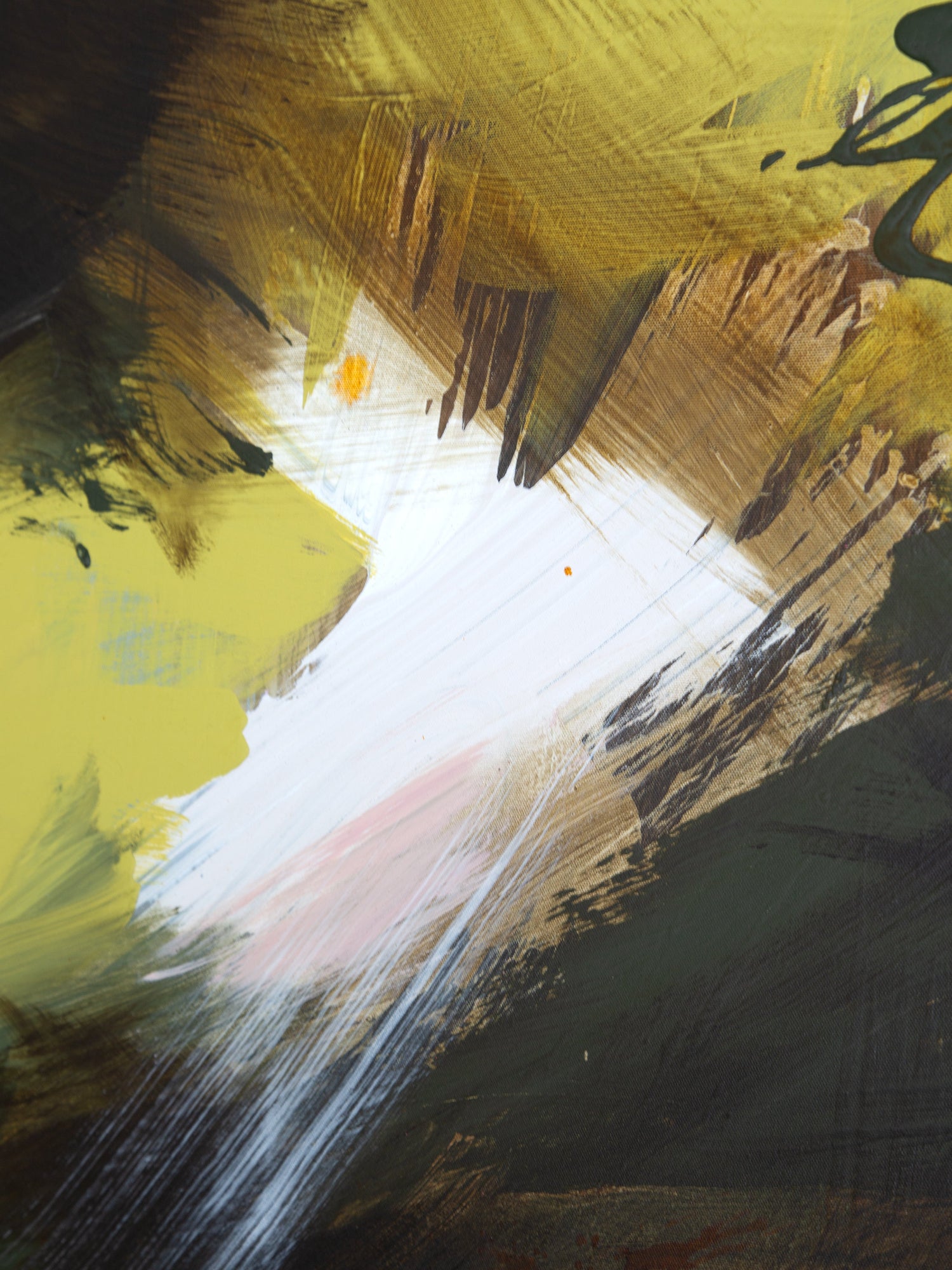 Green abstract painting by Finnish artist Lotta Sirén, with bold strokes of yellow, brown, and white.