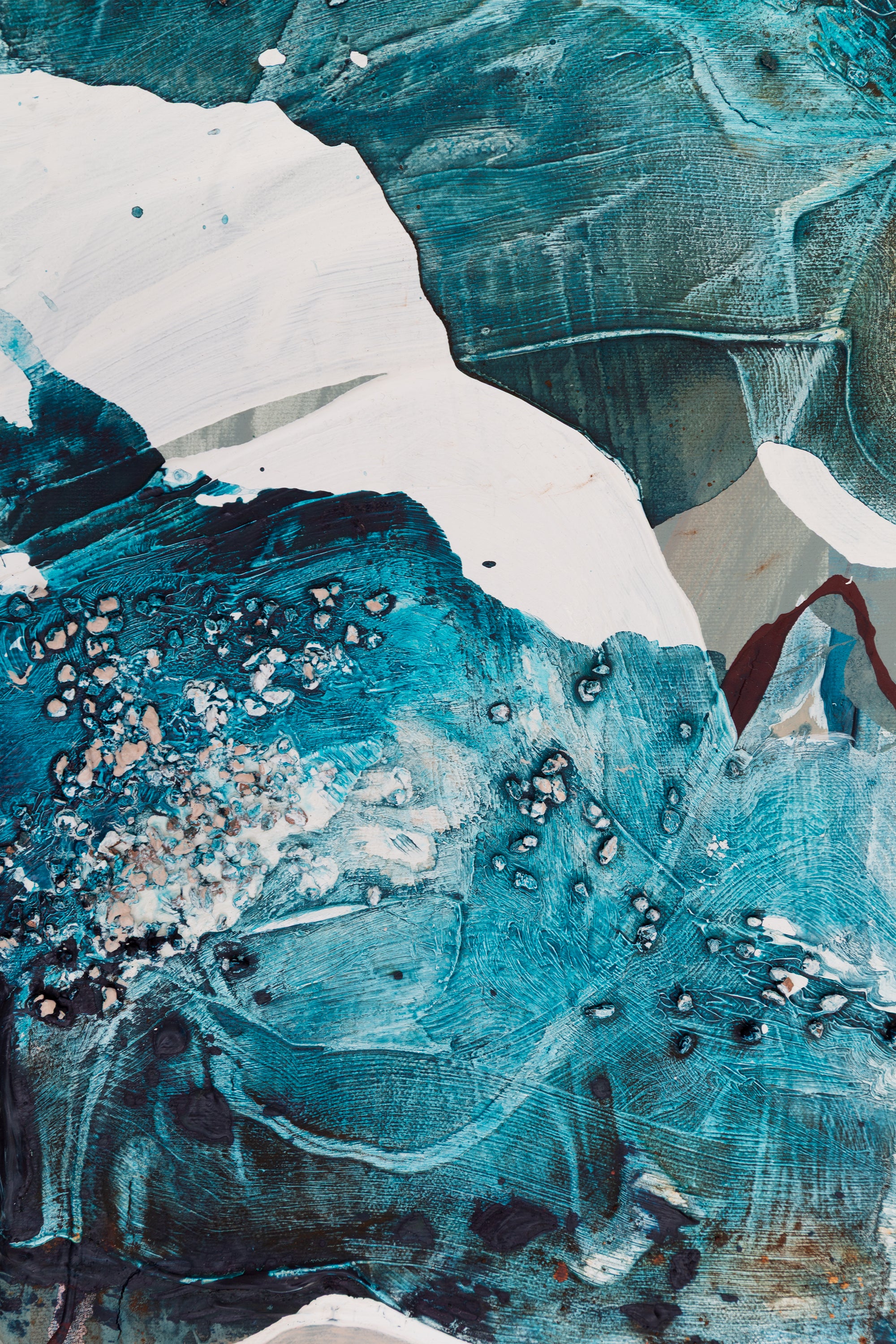 Close-up of an abstract art piece with teal, white, and black colors