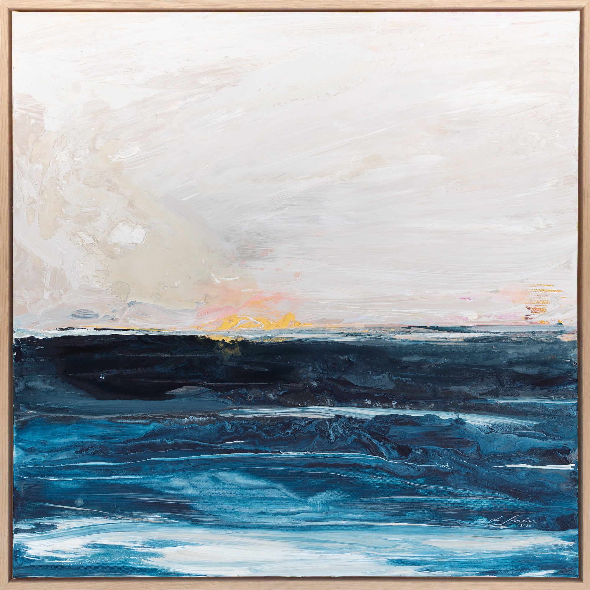 Abstract painting of a sunset over water with a gold frame by Finnish abstract artist Lotta Sirén