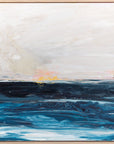 Abstract painting of a sunset over water with a gold frame by Finnish abstract artist Lotta Sirén