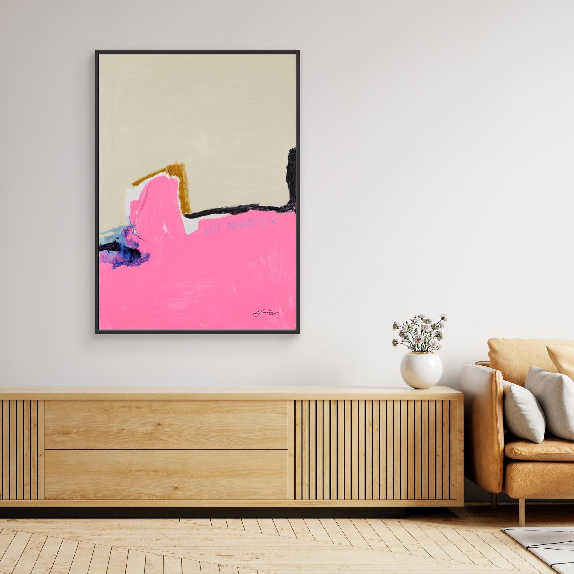 NO MATTER - Limited Edition Canvas Print with beige, bright pink and blue, black and ocher details. Structured minimal abstract canvas print with black frames on a wall above a TV stand. 