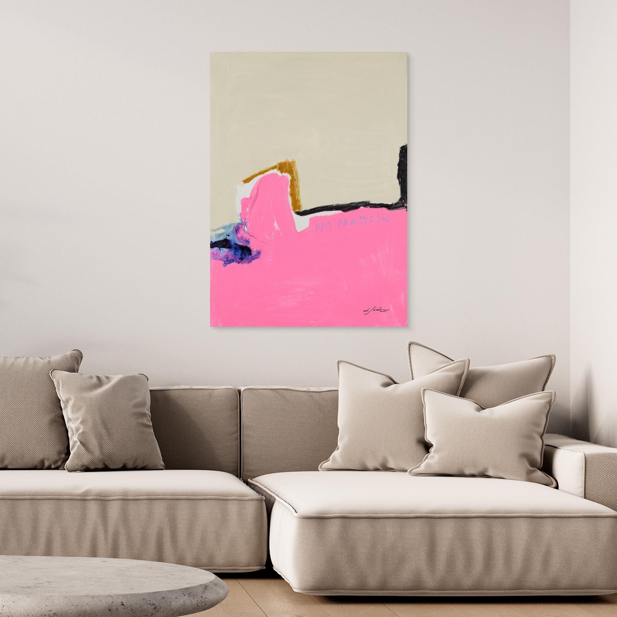 NO MATTER - Limited Edition Canvas Print with beige, bright pink and blue, black and ocher details. Structured minimal abstract canvas print with on a wall above a couch. 