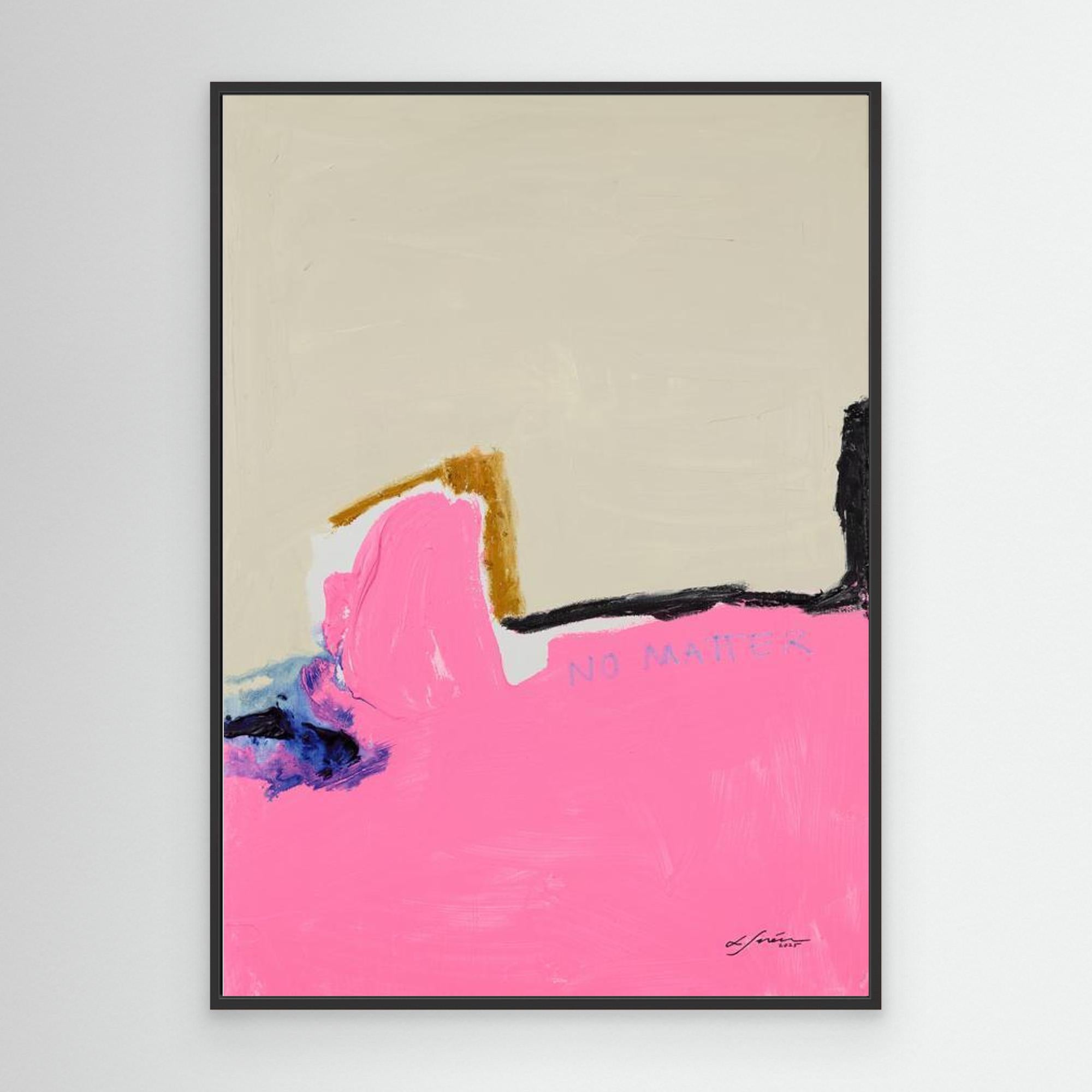 NO MATTER - Limited Edition Canvas Print with beige, bright pink and blue, black and ocher details. Structured minimal abstract canvas print with black frames. 