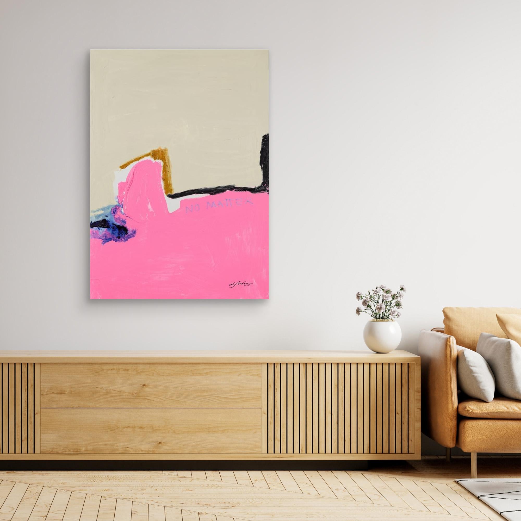 NO MATTER - Limited Edition Canvas Print with beige, bright pink and blue, black and ocher details. Structured minimal abstract canvas print on a wall above a TV stand. 