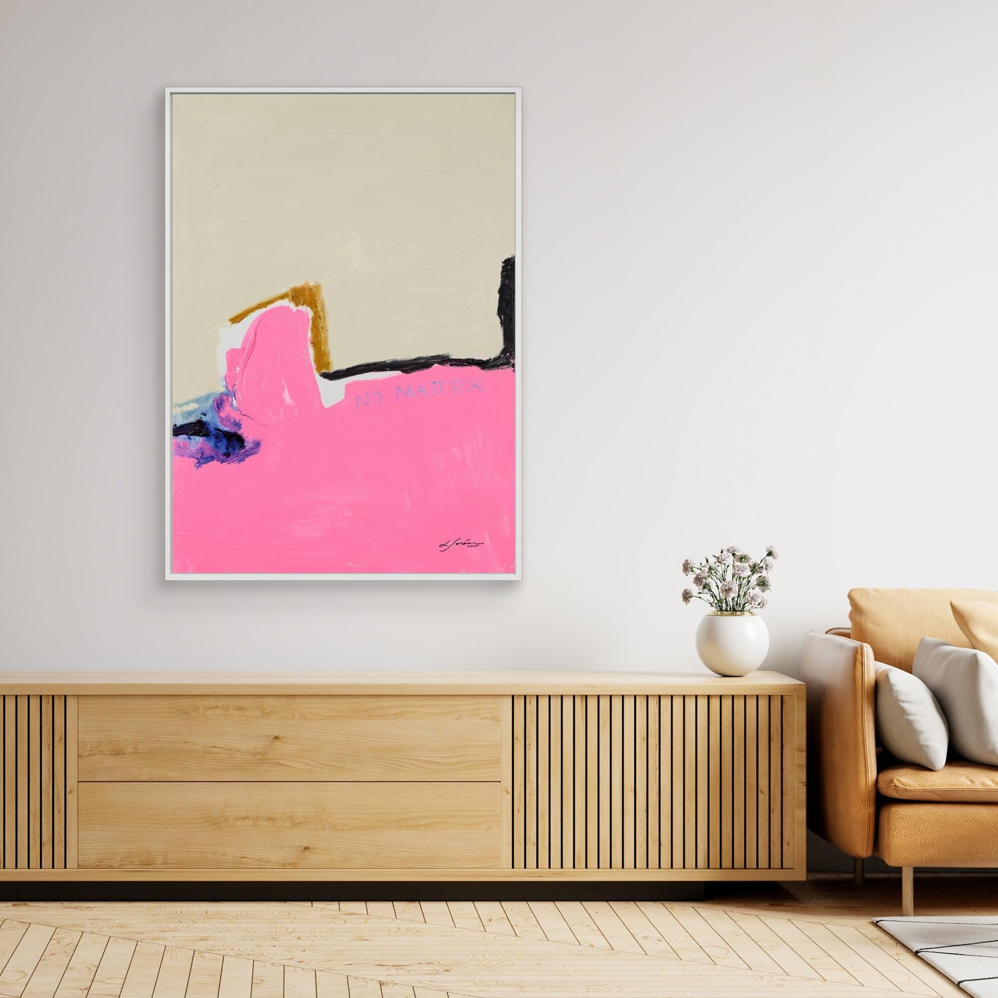 NO MATTER - Limited Edition Canvas Print with beige, bright pink and blue, black and ocher details. Structured minimal abstract canvas print with white frames on a wall above a TV stand. 
