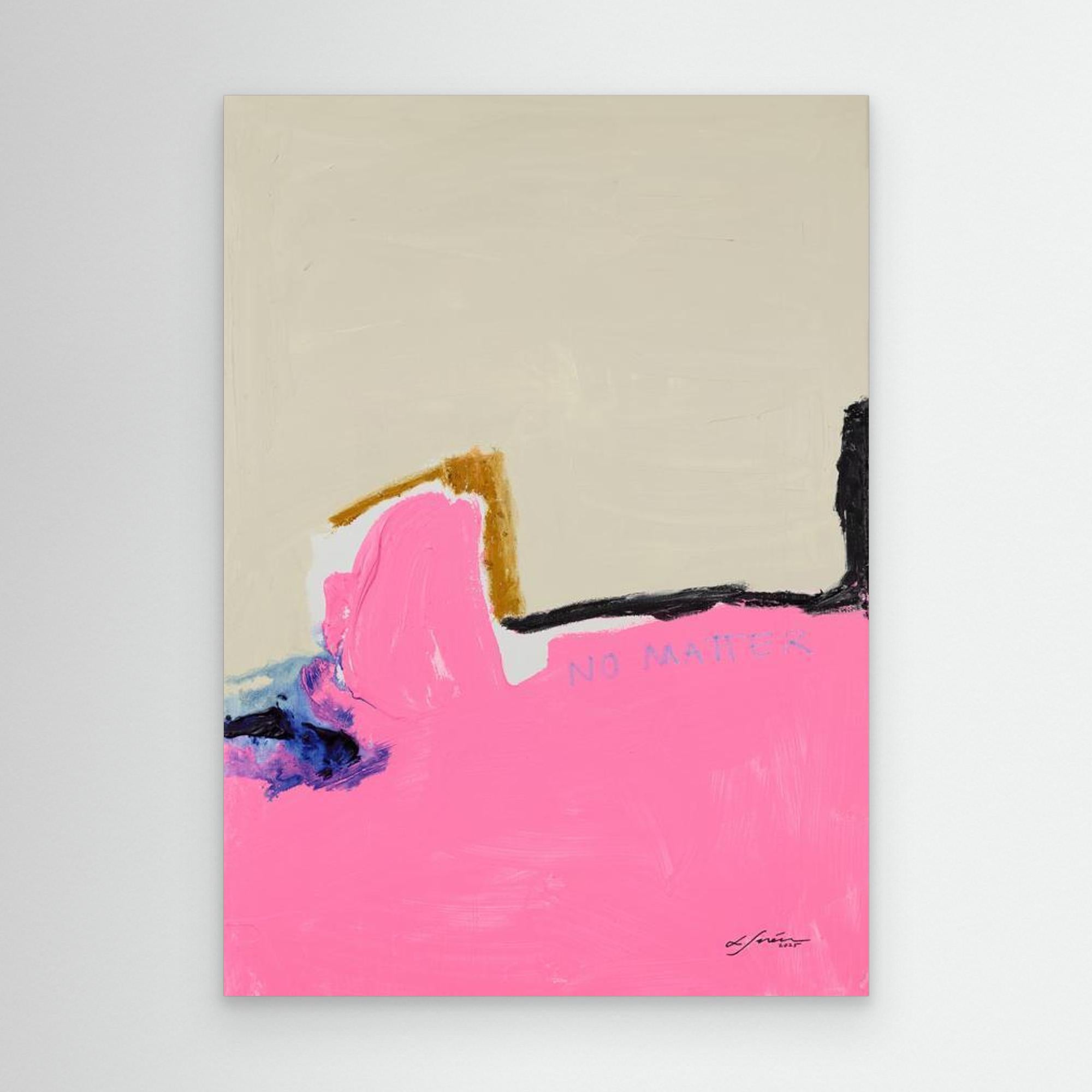 NO MATTER - Limited Edition Canvas Print with beige, bright pink and blue, black and ocher details. Structured minimal abstract canvas print. 