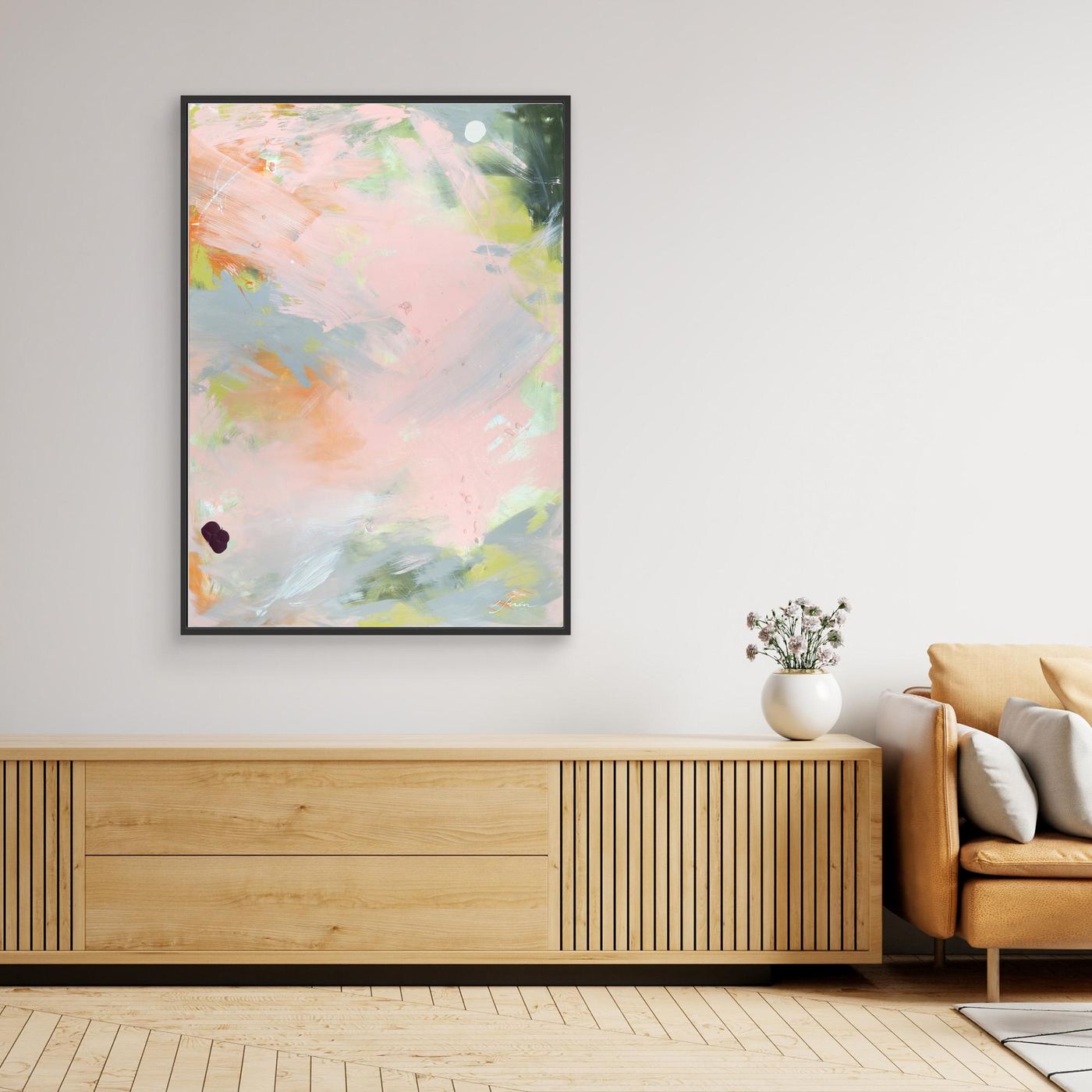 No Permission Needed - Limited Edition Canvas Print in black floater frame in a modern livingroom.