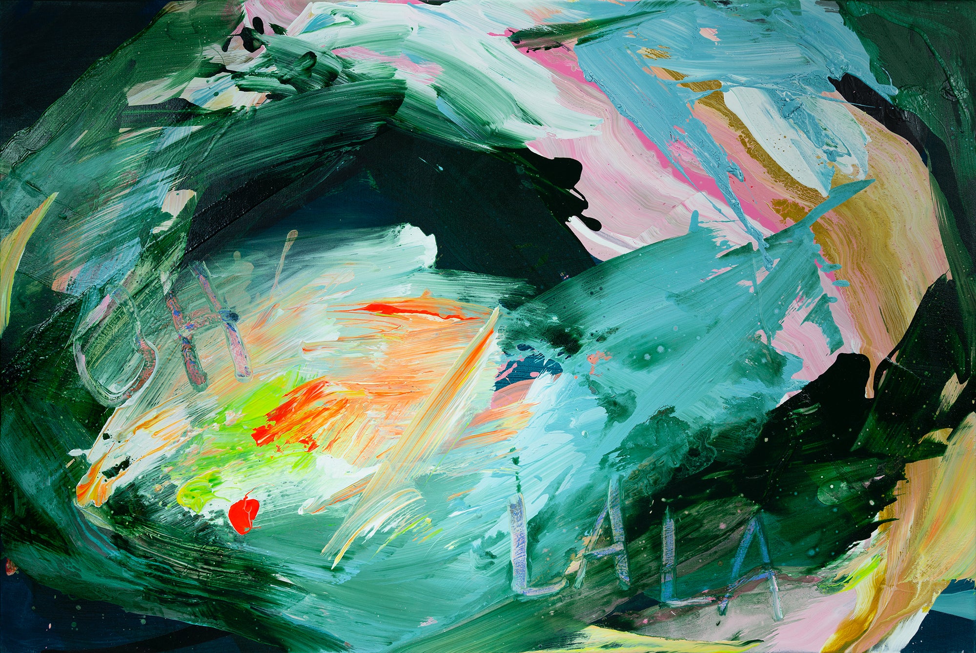 Abstract painting with vibrant colors and brush strokes by Lotta Sirén