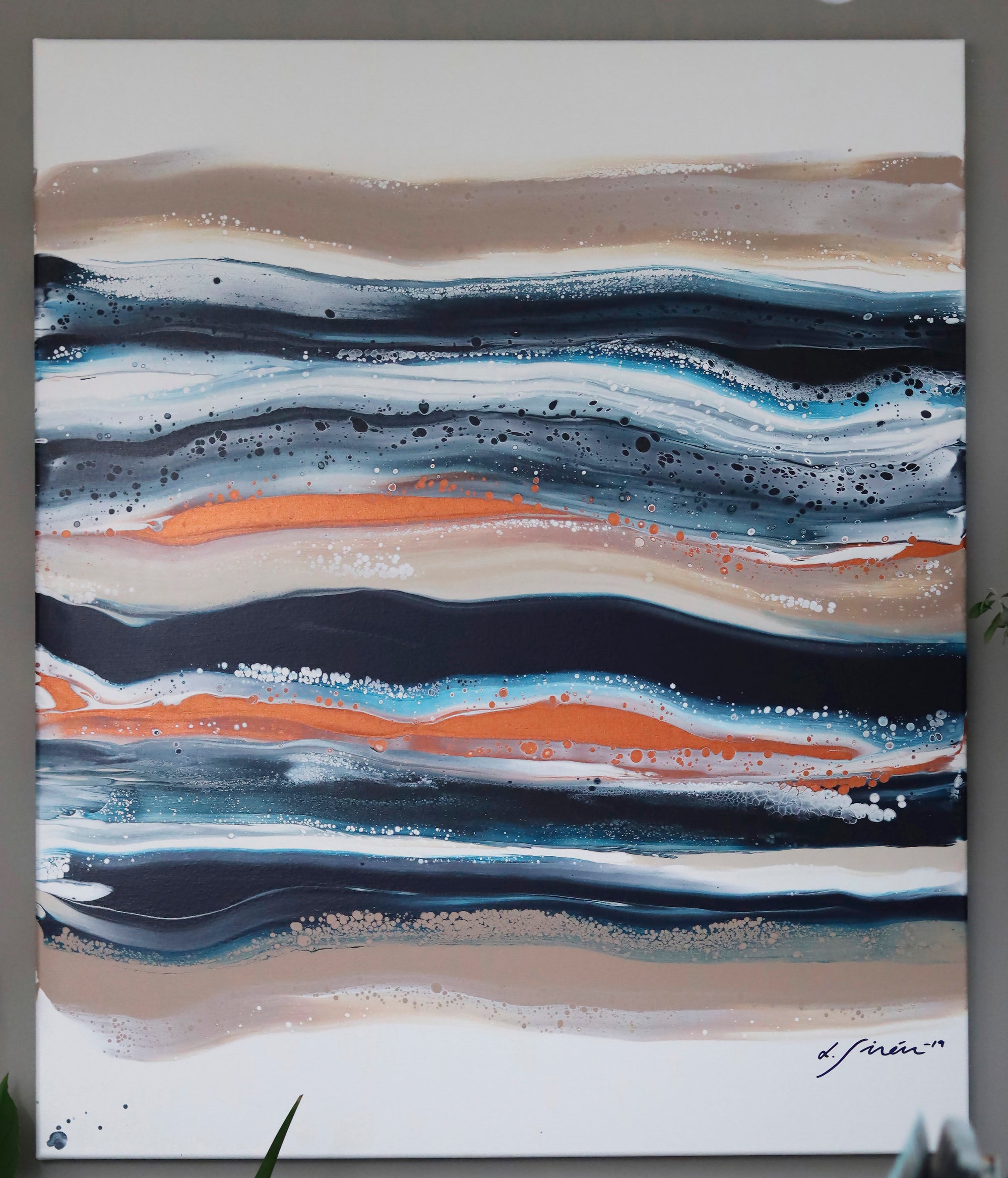 Abstract painting with horizontal stripes in brown, blue, and orange on a white background.