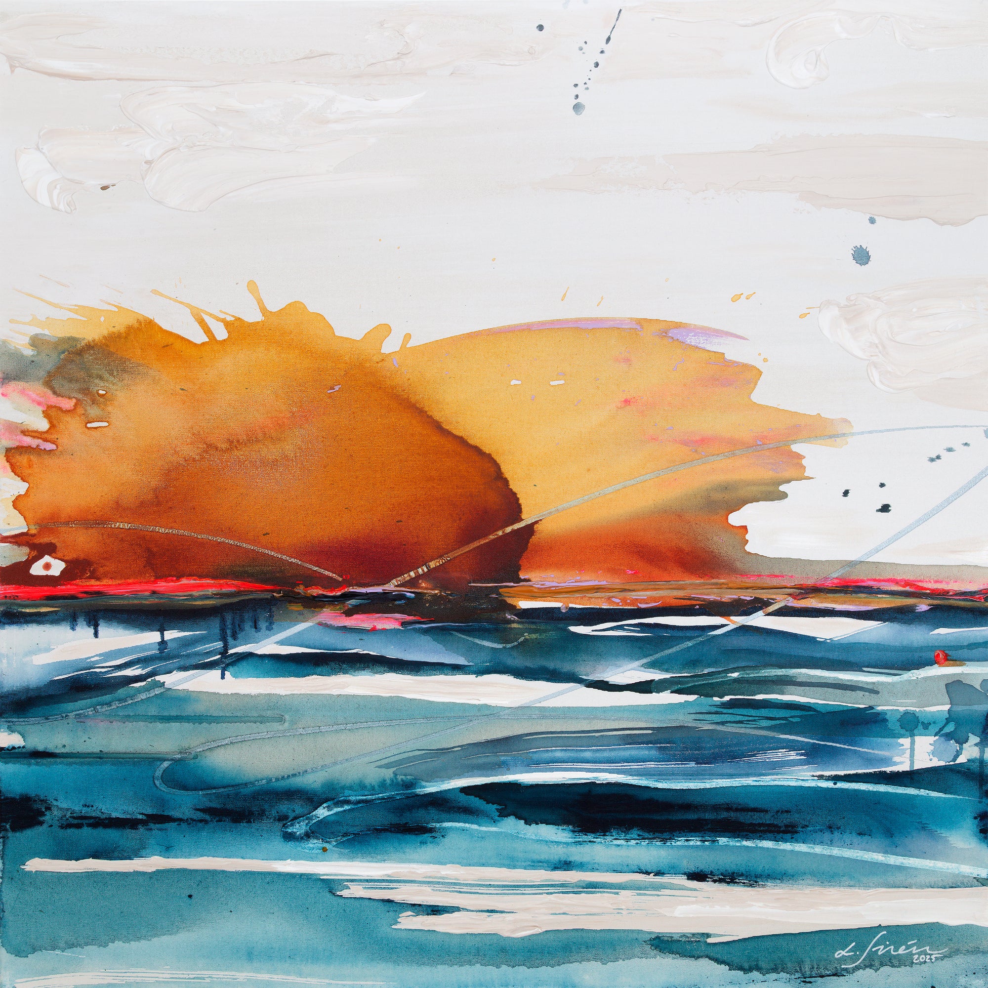 Abstract horizon painting with orange, blue, and white strokes on a white background. Looks like a sunset over an ocean.