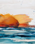 Abstract horizon painting with orange, blue, and white strokes on a white background. Looks like a sunset over an ocean.