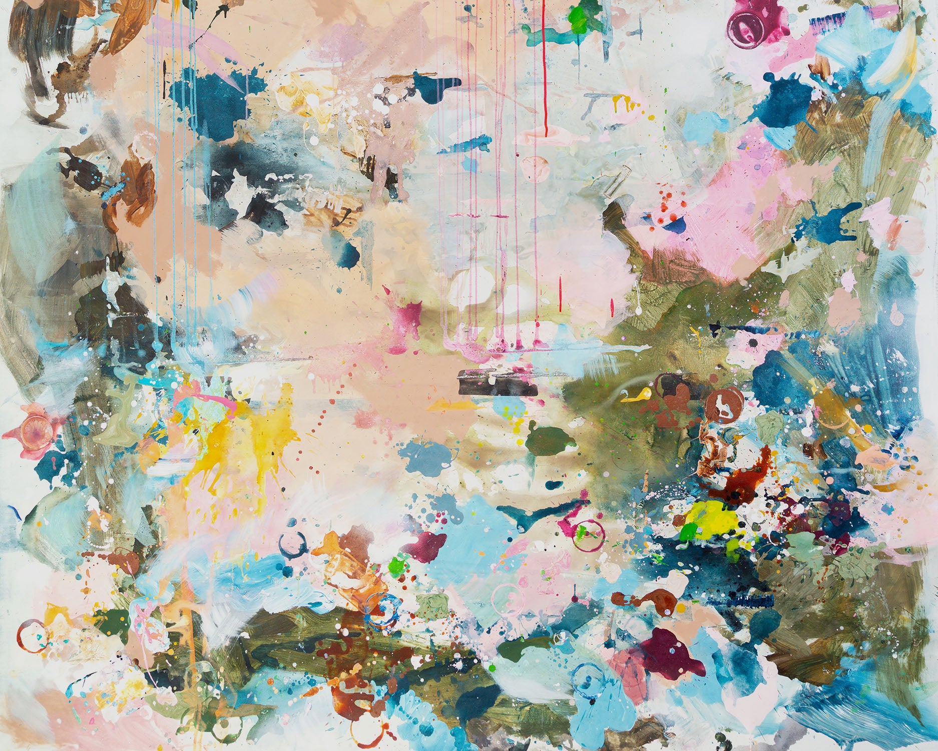 Abstract painting with layered brushstrokes and splatters in pastel pink, blue, beige, green, brown, yellow, and white.