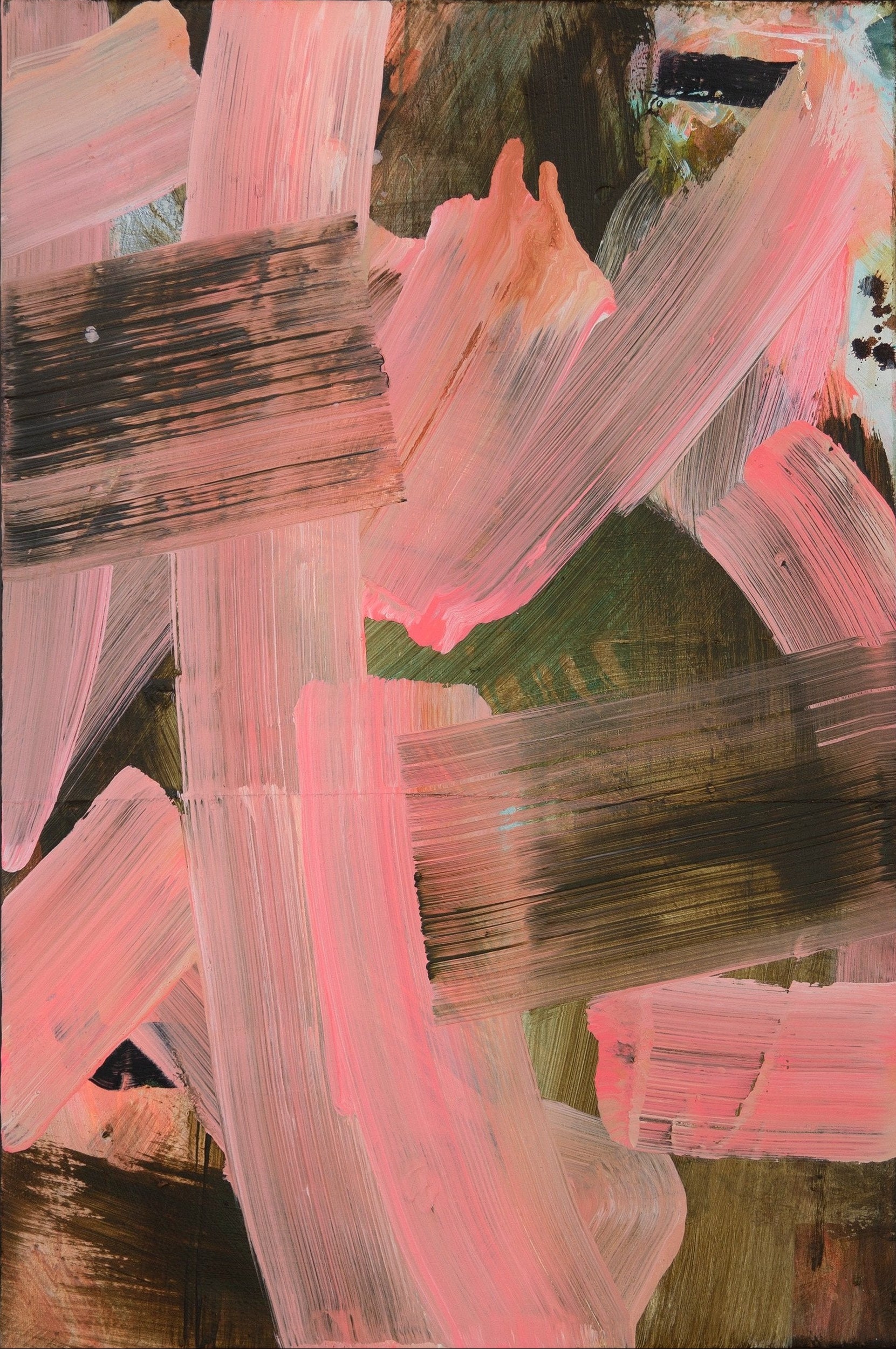 Abstract acrylic painting with prominent pink brush strokes on a gallery-wrapped canvas