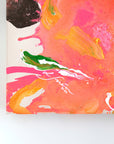 Colorful abstract painting with splashes of pink, orange, green, and black on a white background.