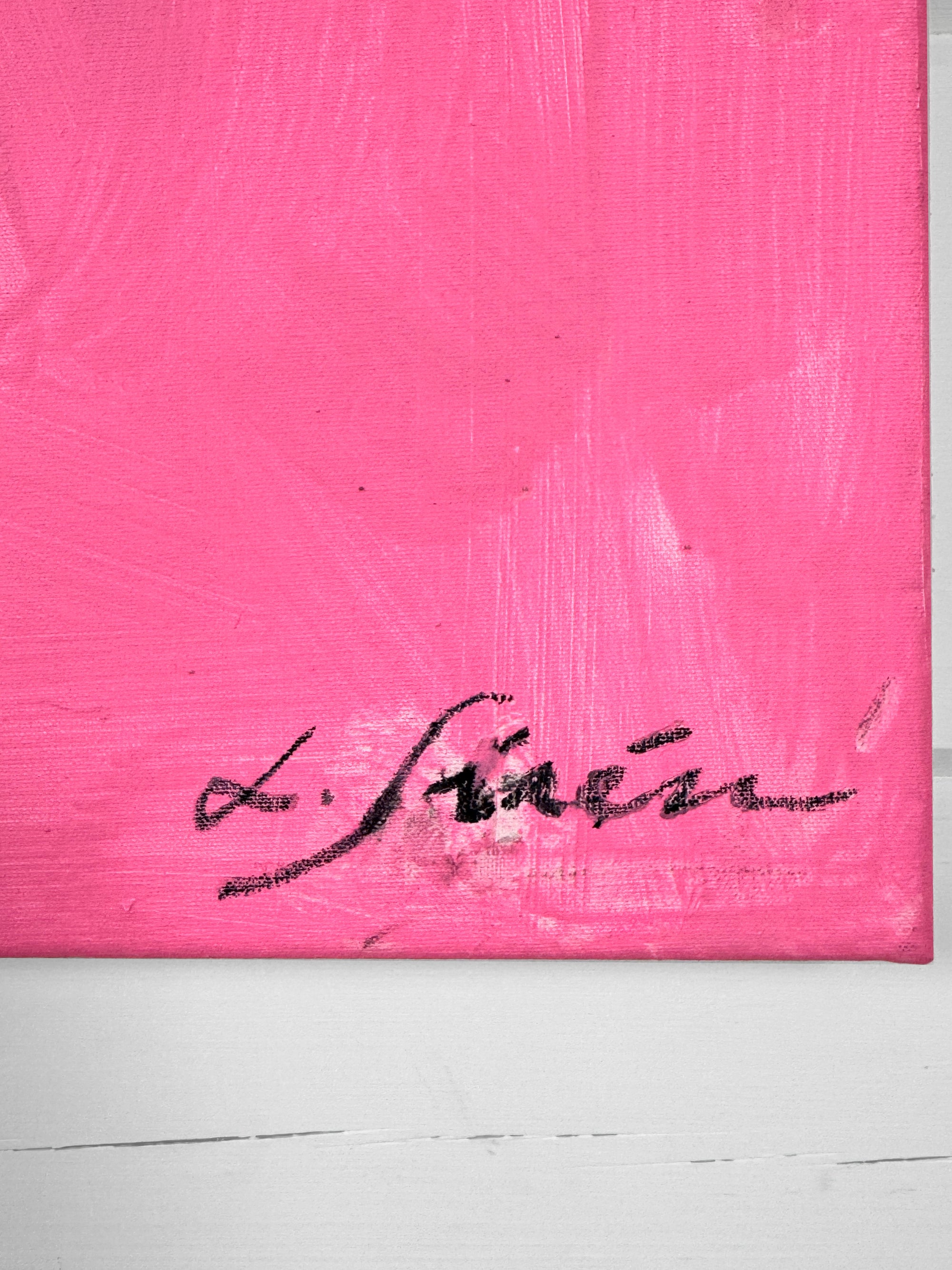 Close-up of a Lotta Sirén signature on a pink textured surface