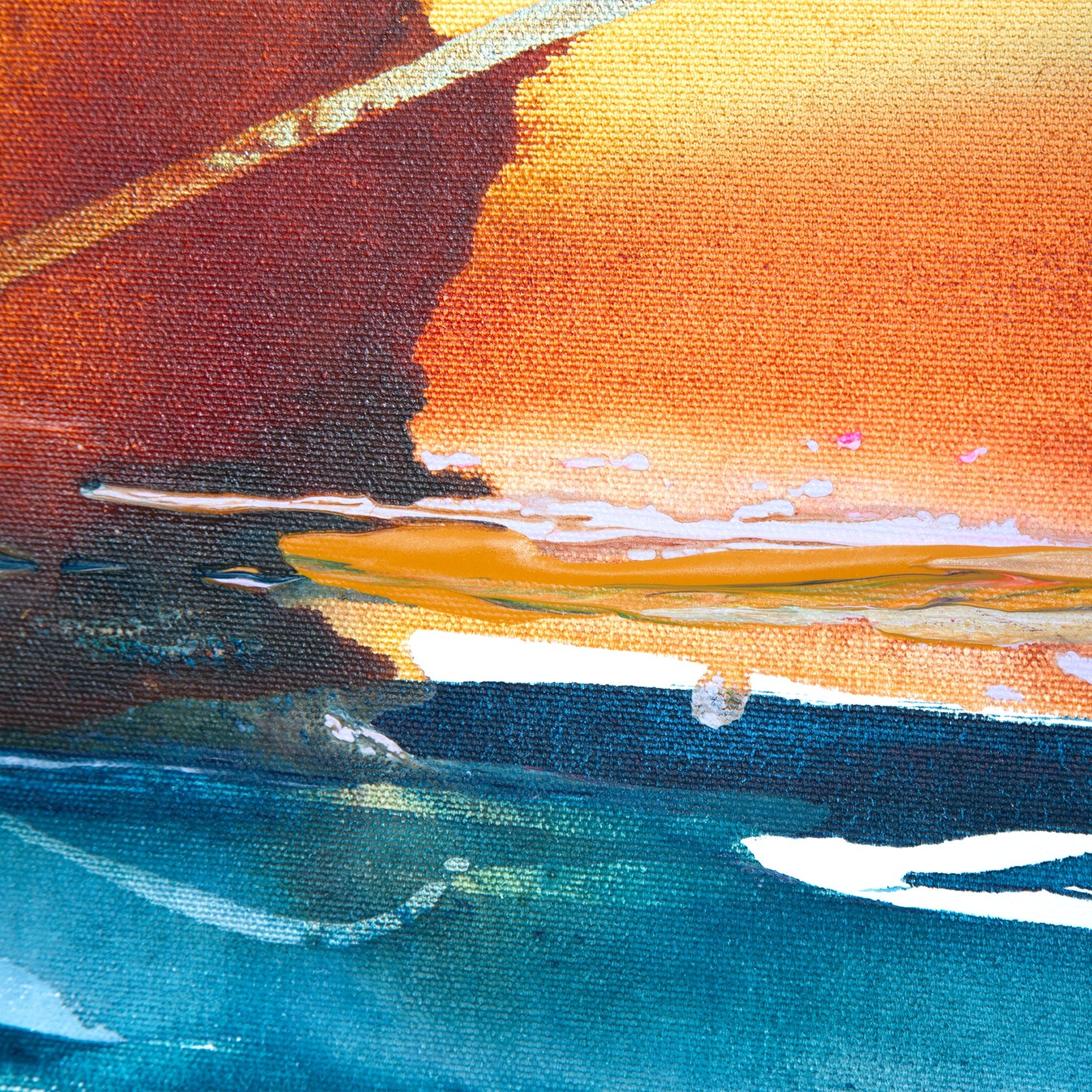 Abstract painting with orange, blue, and white colors